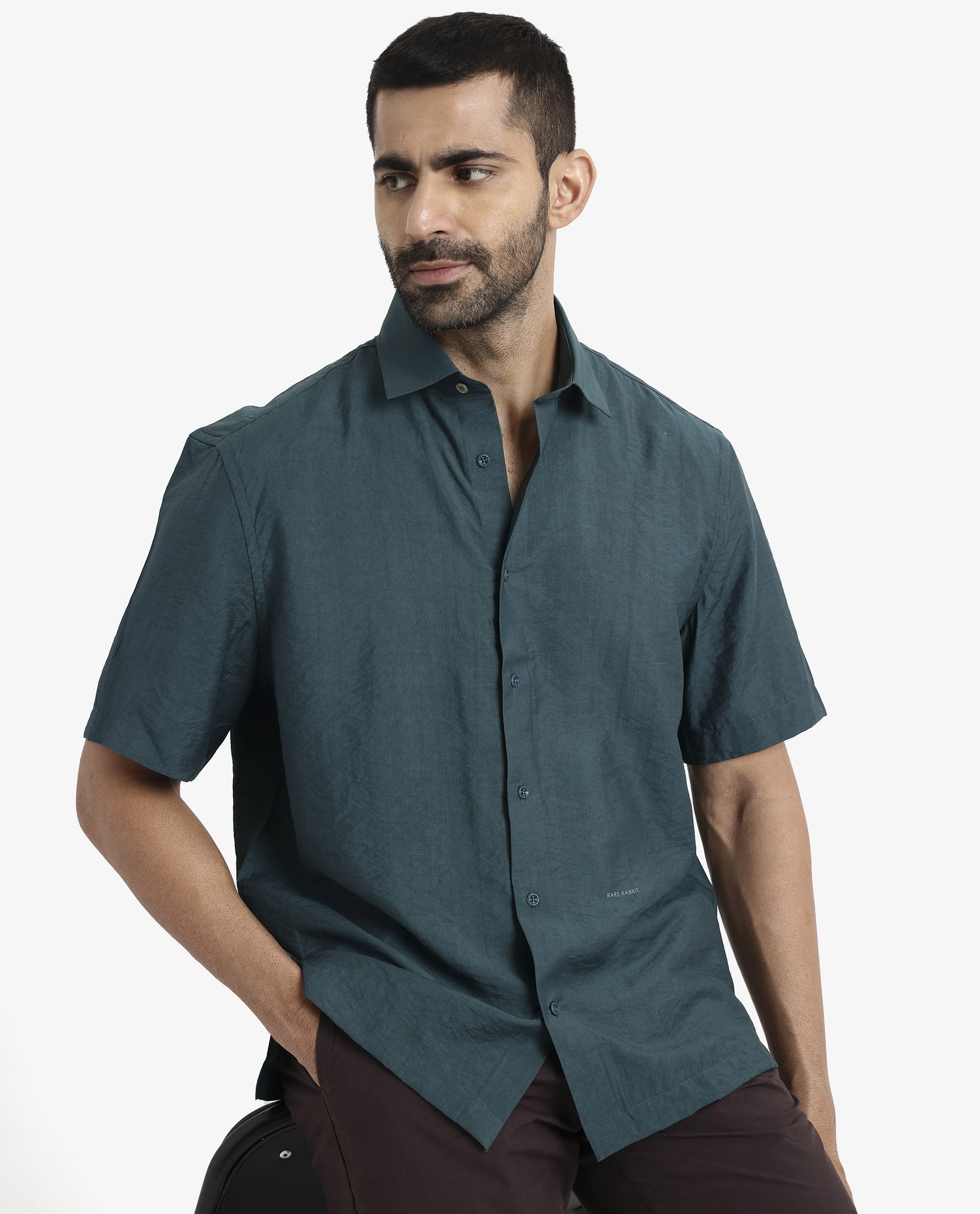 Rare Rabbit Men Blois Dark Teal Viscose Nylon Fabric Short Sleeve Slim Fit Plain Shirt