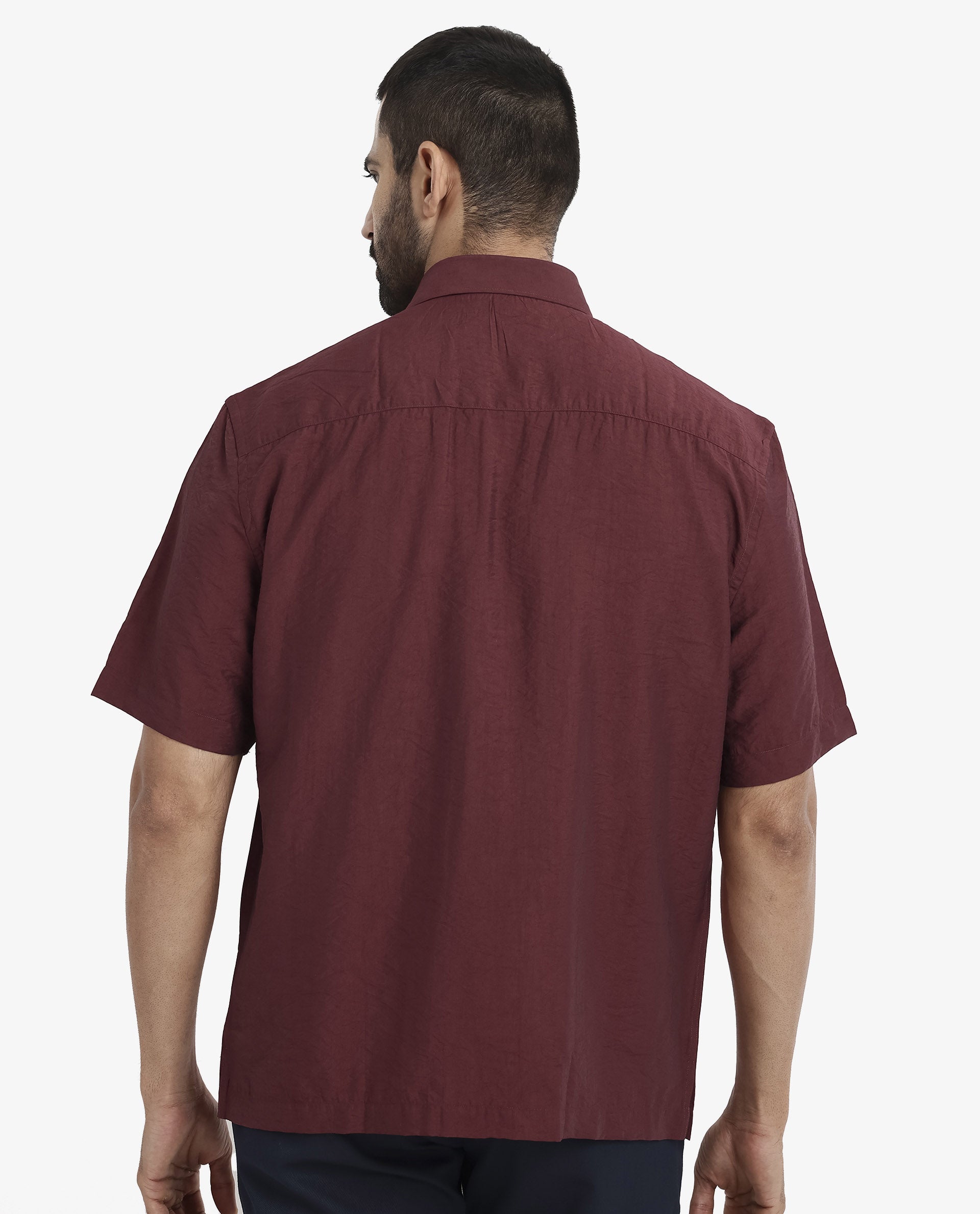 Rare Rabbit Men Blois Maroon Viscose Nylon Fabric Short Sleeve Slim Fit Plain Shirt