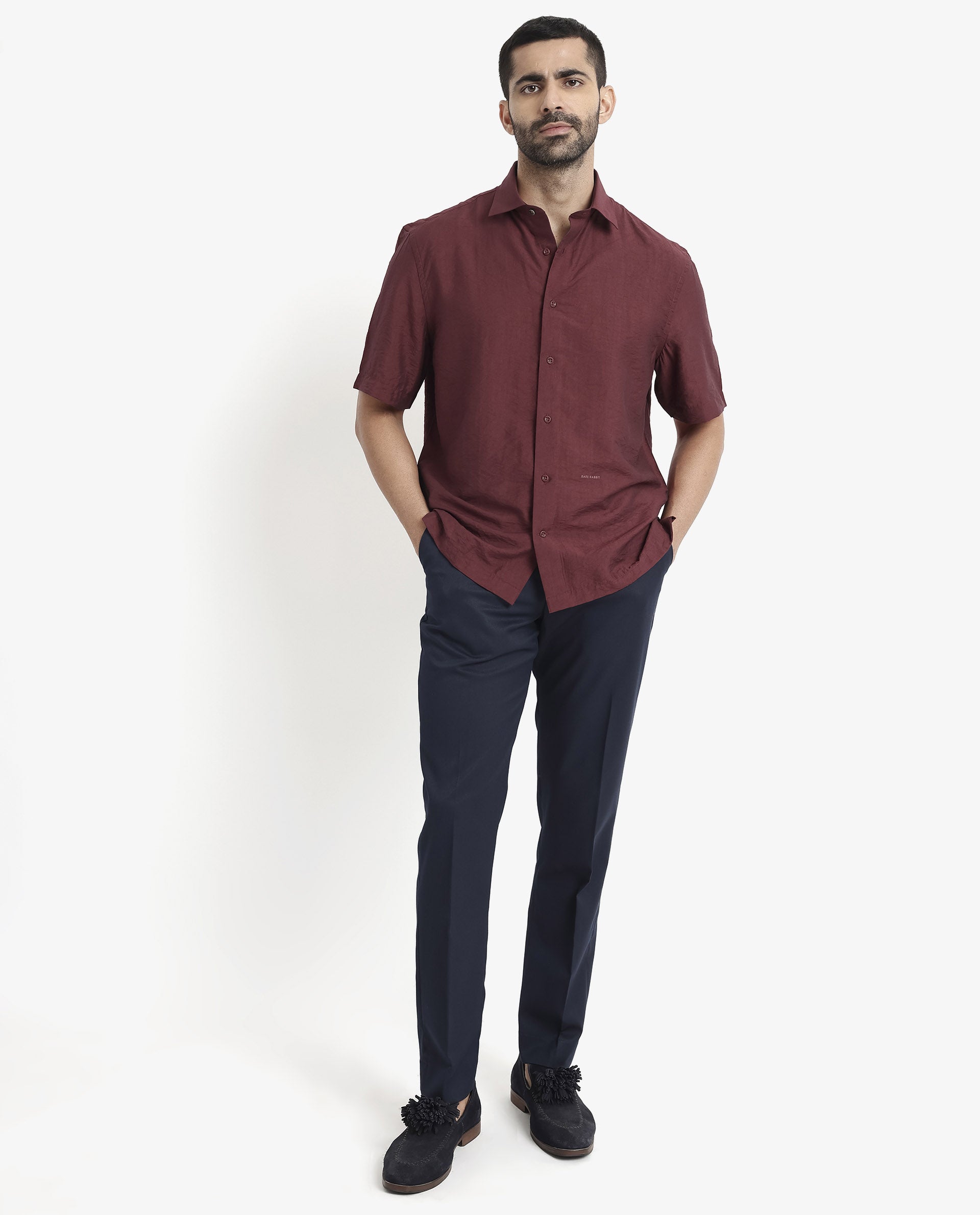 Rare Rabbit Men Blois Maroon Viscose Nylon Fabric Short Sleeve Slim Fit Plain Shirt