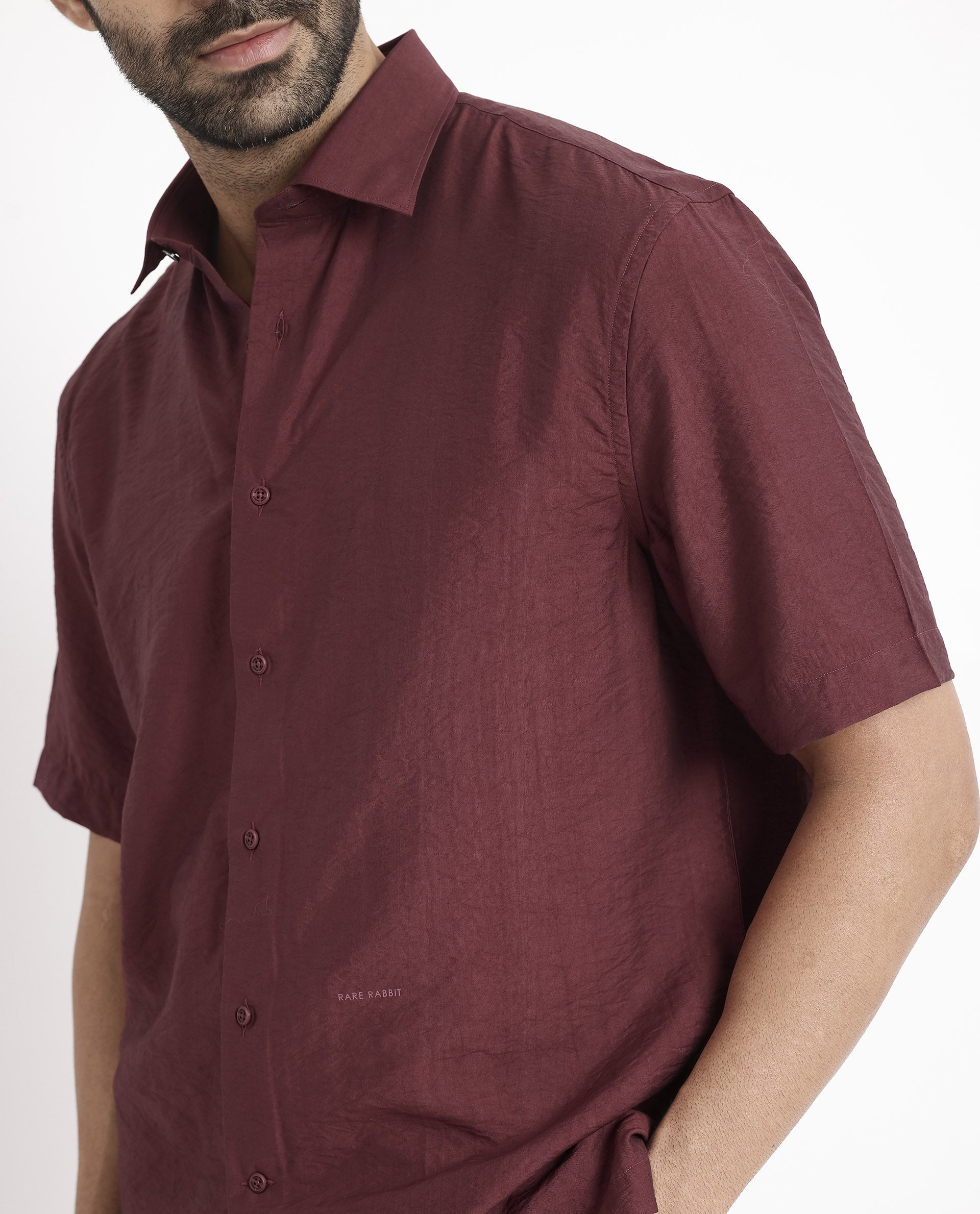 Rare Rabbit Men Blois Maroon Viscose Nylon Fabric Short Sleeve Slim Fit Plain Shirt