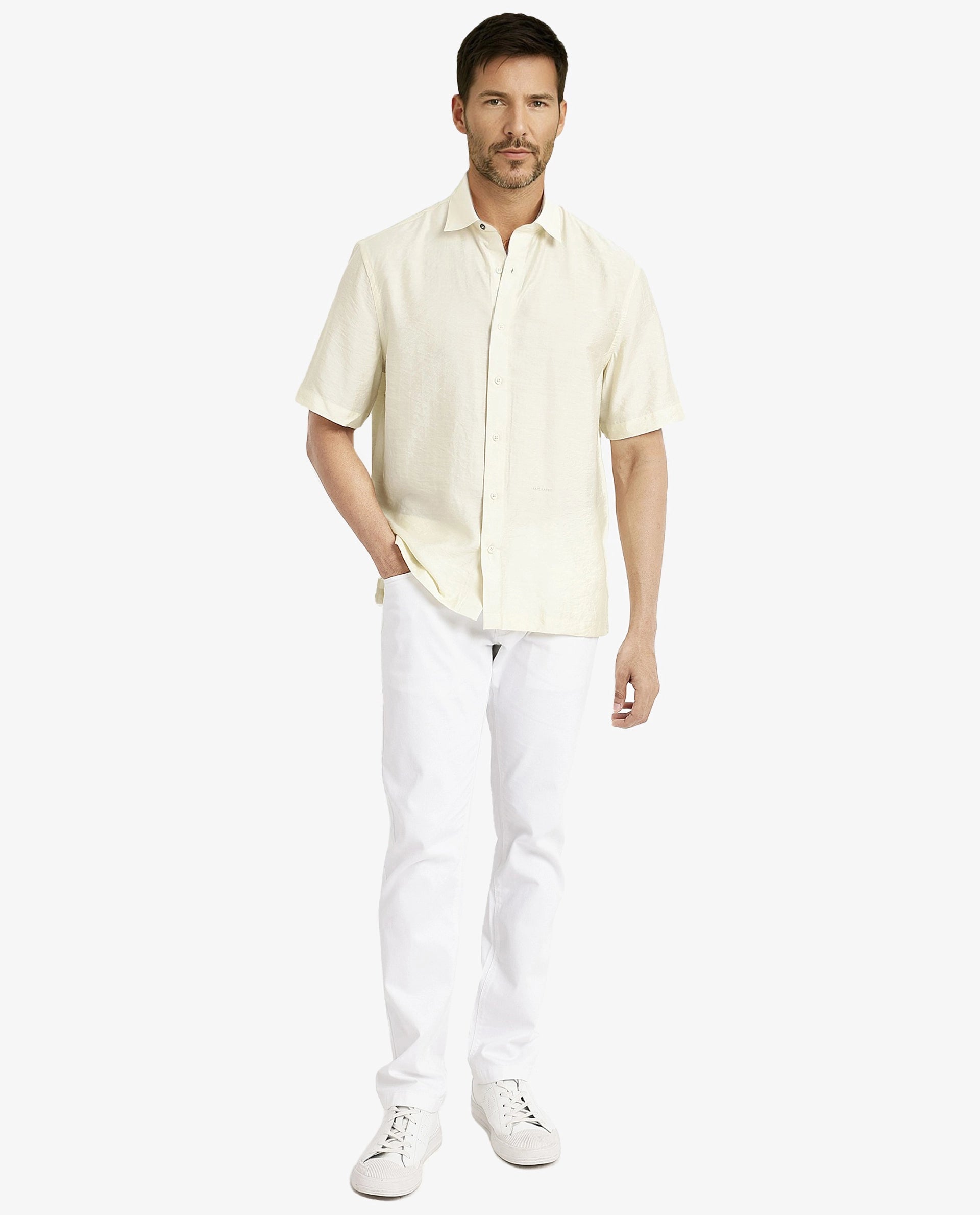 Rare Rabbit Men Blois Pastel Yellow Viscose Nylon Fabric Short Sleeve Slim Fit Plain Shirt