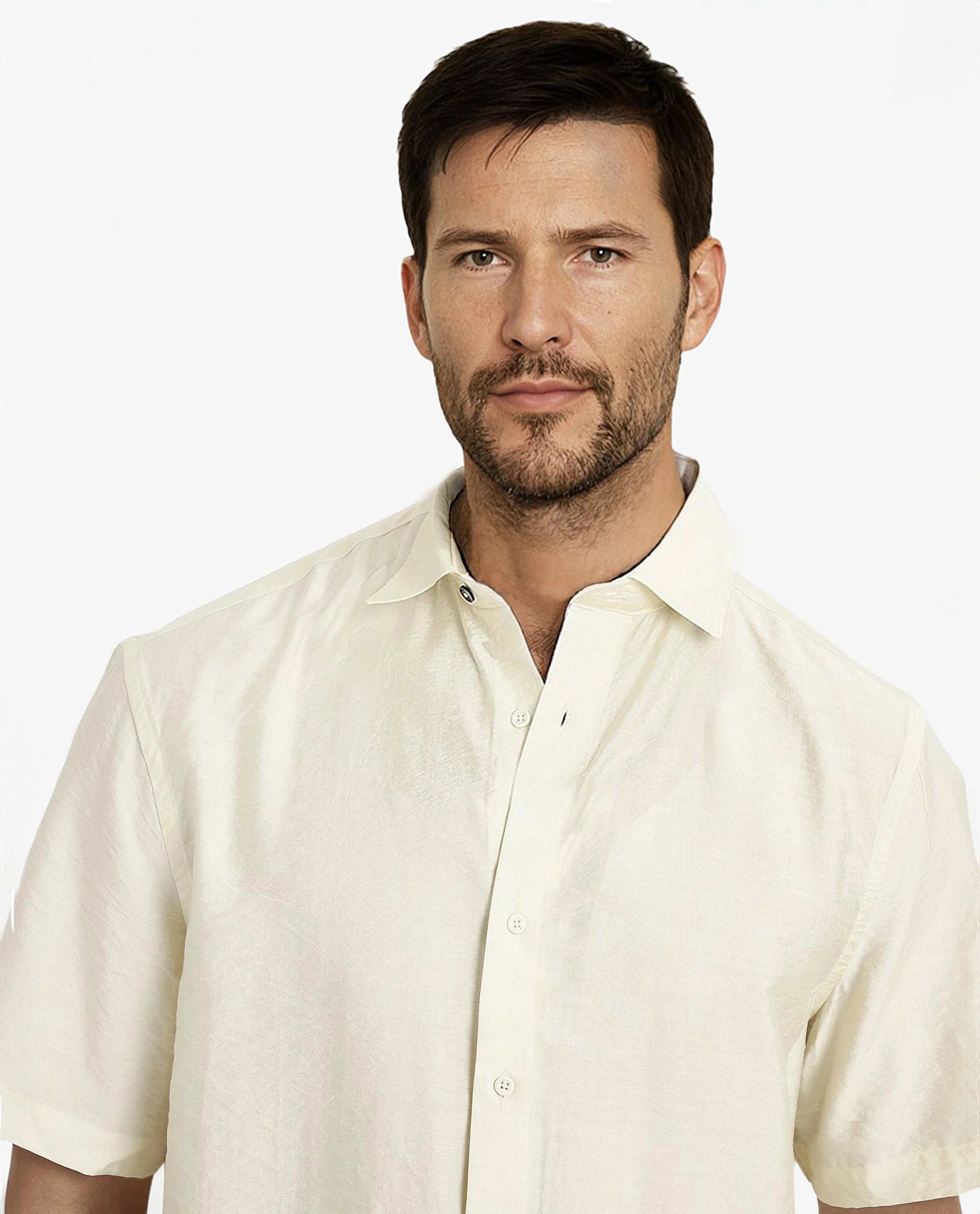 Rare Rabbit Men Blois Pastel Yellow Viscose Nylon Fabric Short Sleeve Slim Fit Plain Shirt