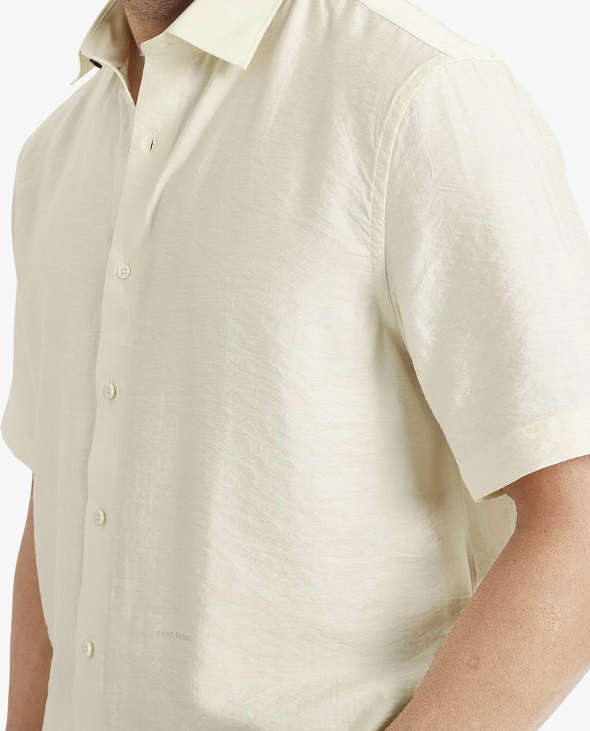 Rare Rabbit Men Blois Pastel Yellow Viscose Nylon Fabric Short Sleeve Slim Fit Plain Shirt