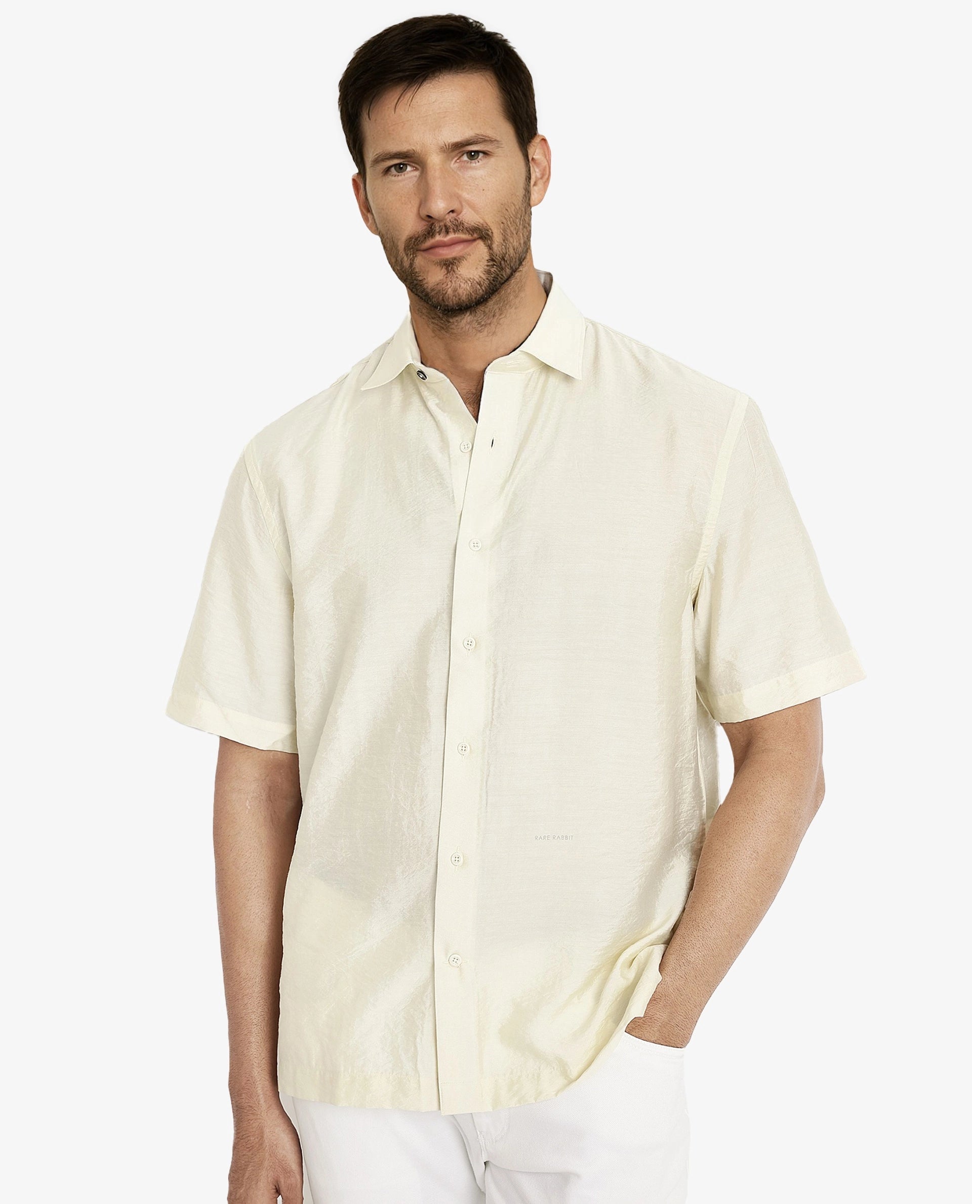 Rare Rabbit Men Blois Pastel Yellow Viscose Nylon Fabric Short Sleeve Slim Fit Plain Shirt