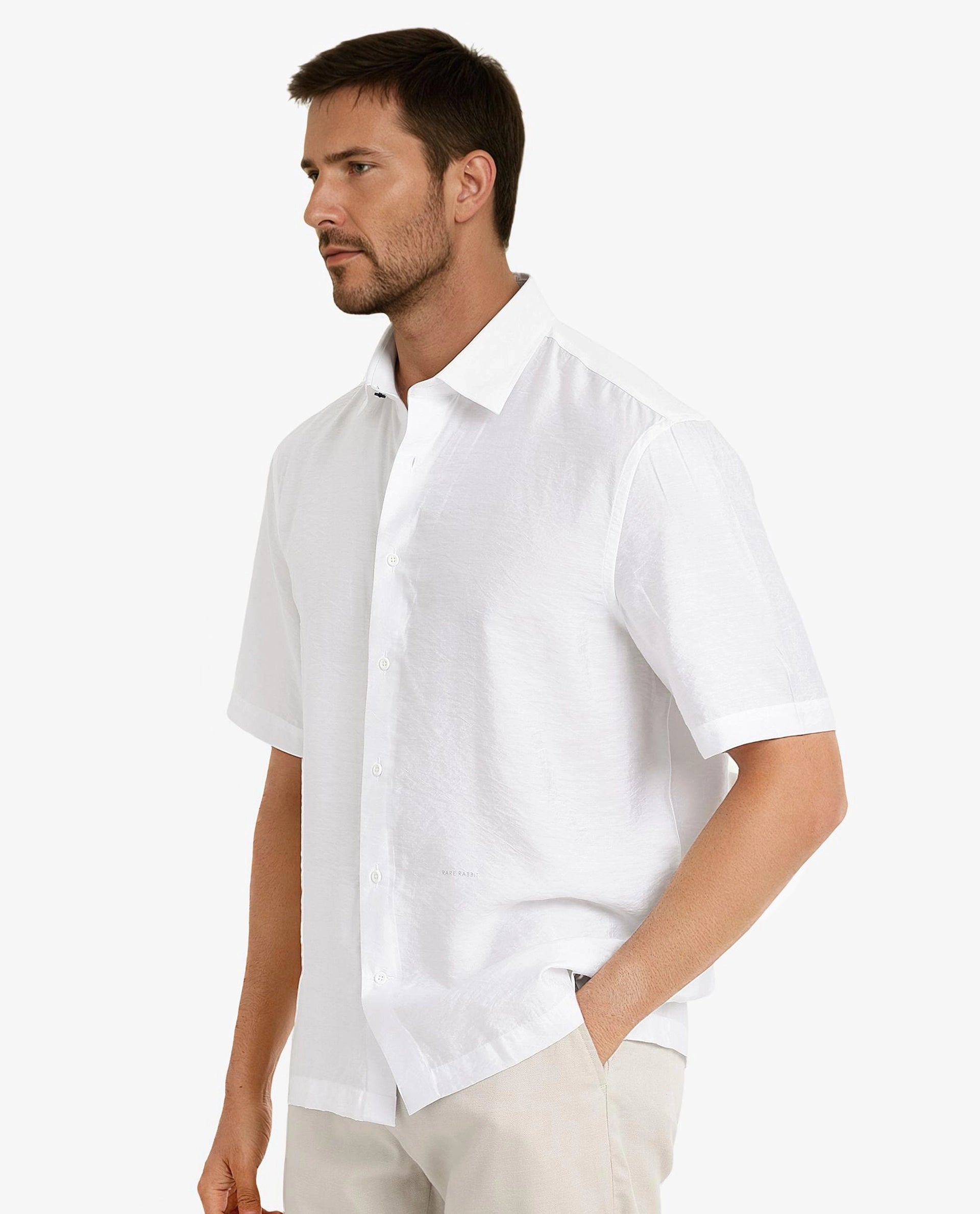 Rare Rabbit Men Blois White Viscose Nylon Fabric Short Sleeve Slim Fit Plain Shirt