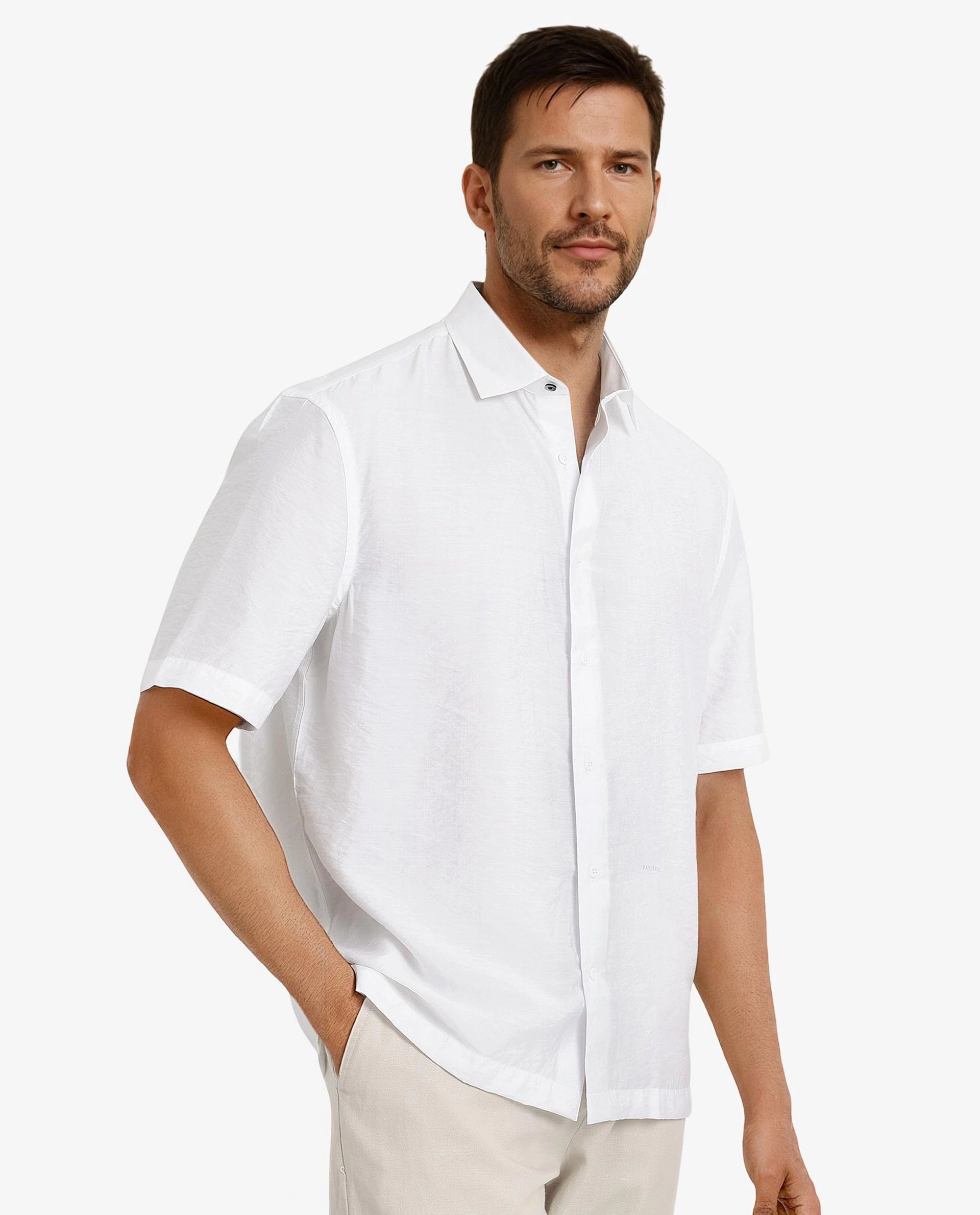 Rare Rabbit Men Blois White Viscose Nylon Fabric Short Sleeve Slim Fit Plain Shirt