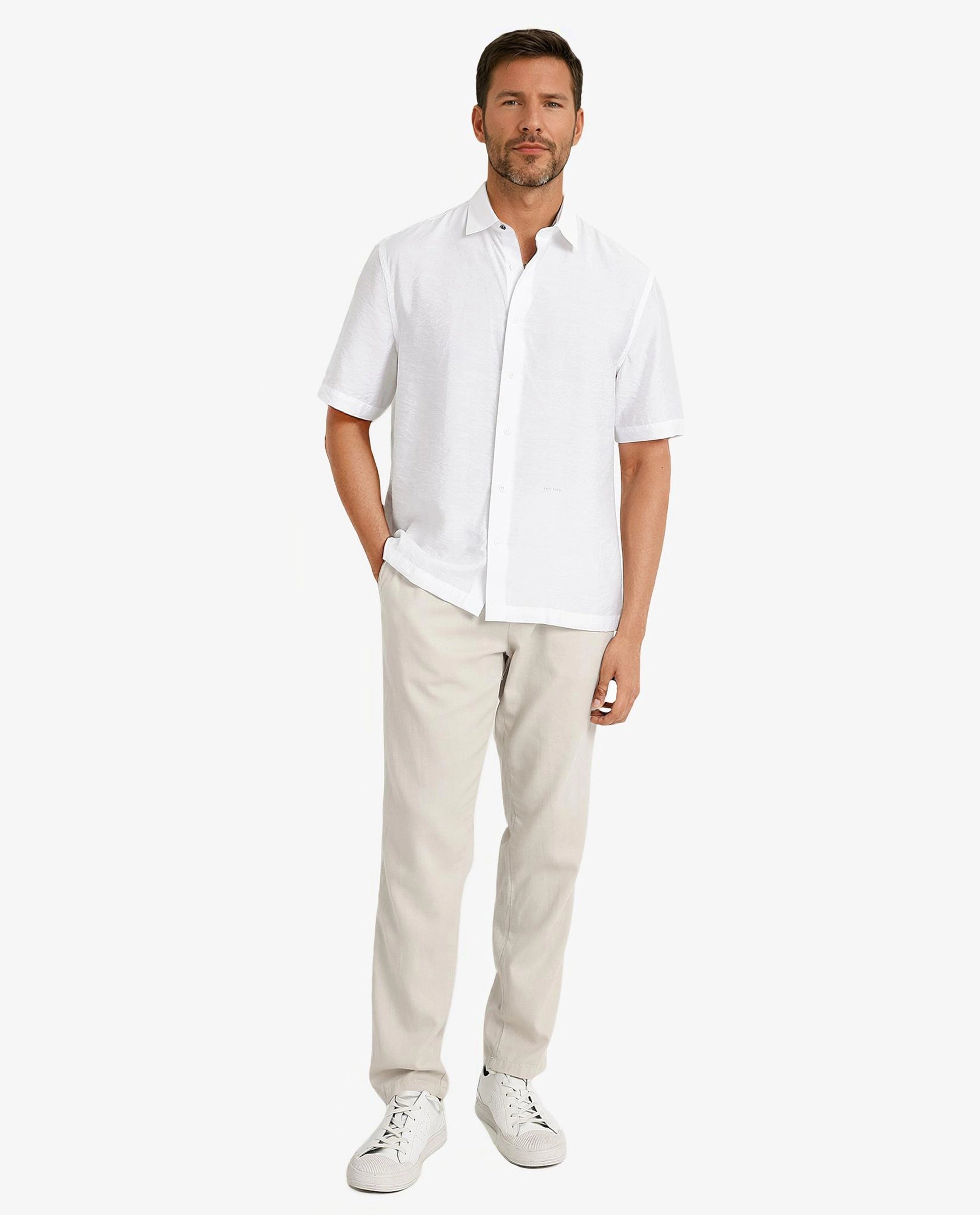 Rare Rabbit Men Blois White Viscose Nylon Fabric Short Sleeve Slim Fit Plain Shirt