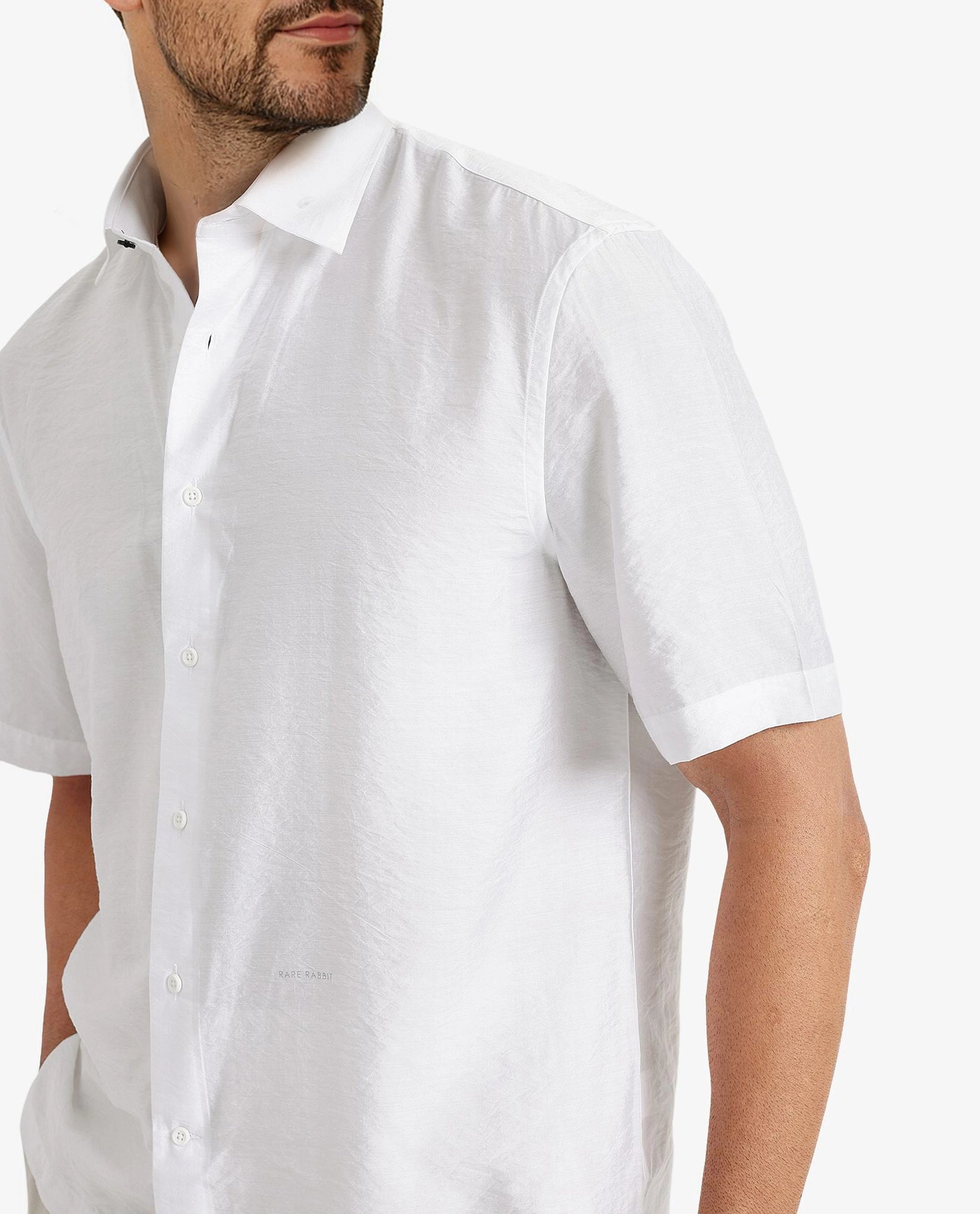 Rare Rabbit Men Blois White Viscose Nylon Fabric Short Sleeve Slim Fit Plain Shirt