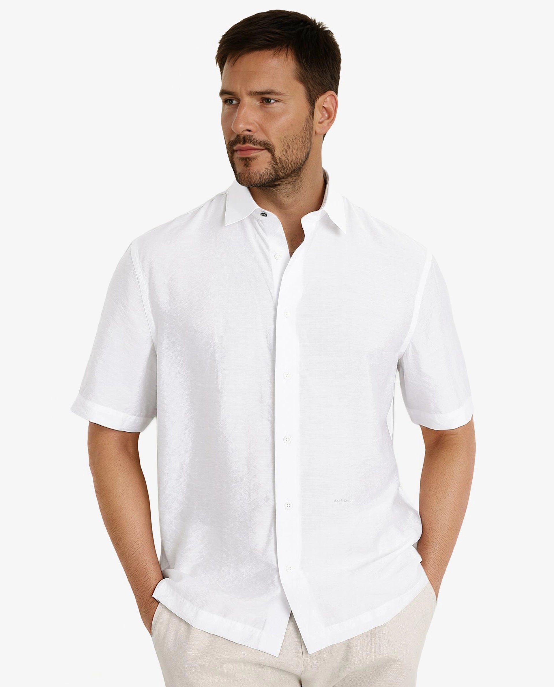 Rare Rabbit Men Blois White Viscose Nylon Fabric Short Sleeve Slim Fit Plain Shirt