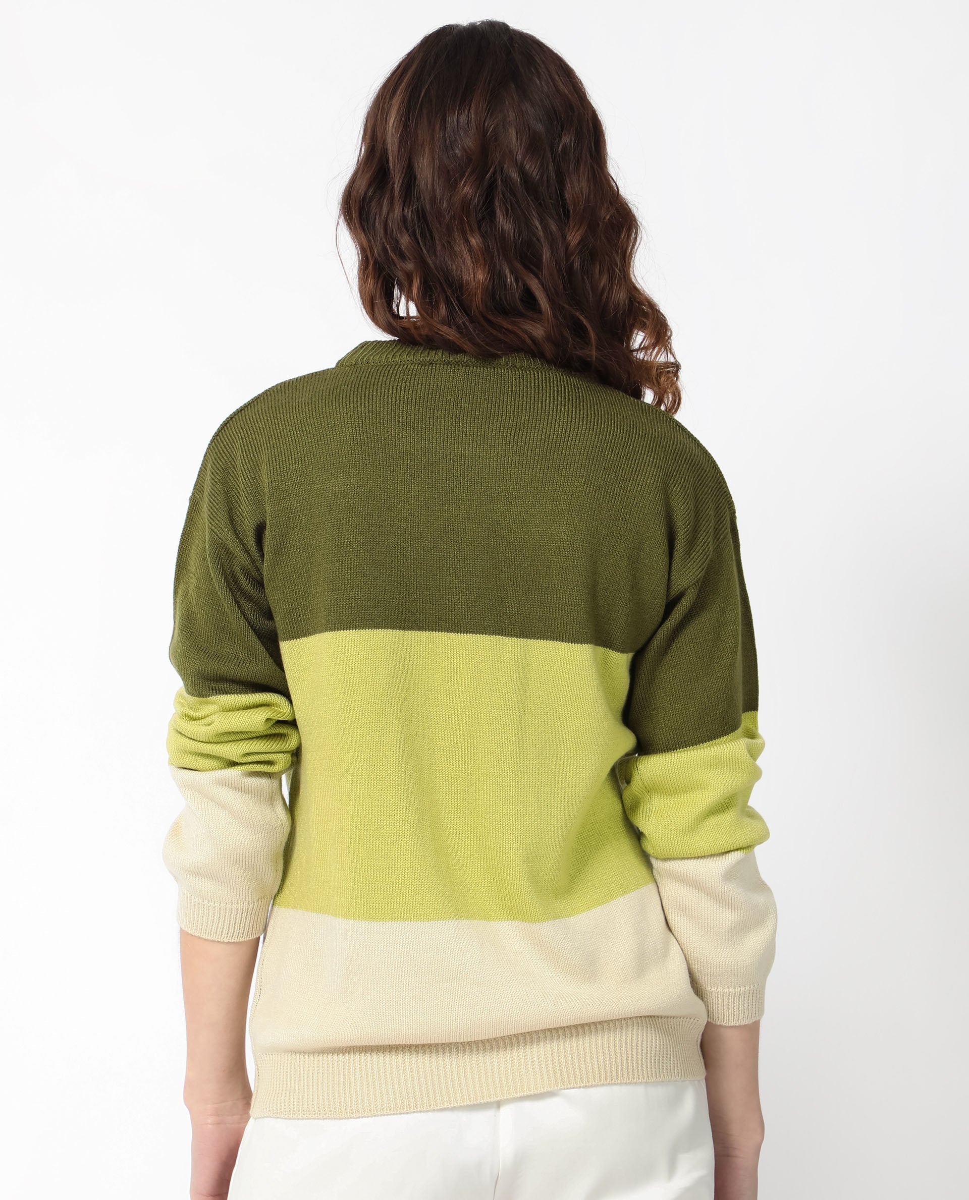 Rareism Women Hampshire Olive Acrylic Fabric Full Sleeves Relaxed Fit Color Blocked Round Neck Sweater
