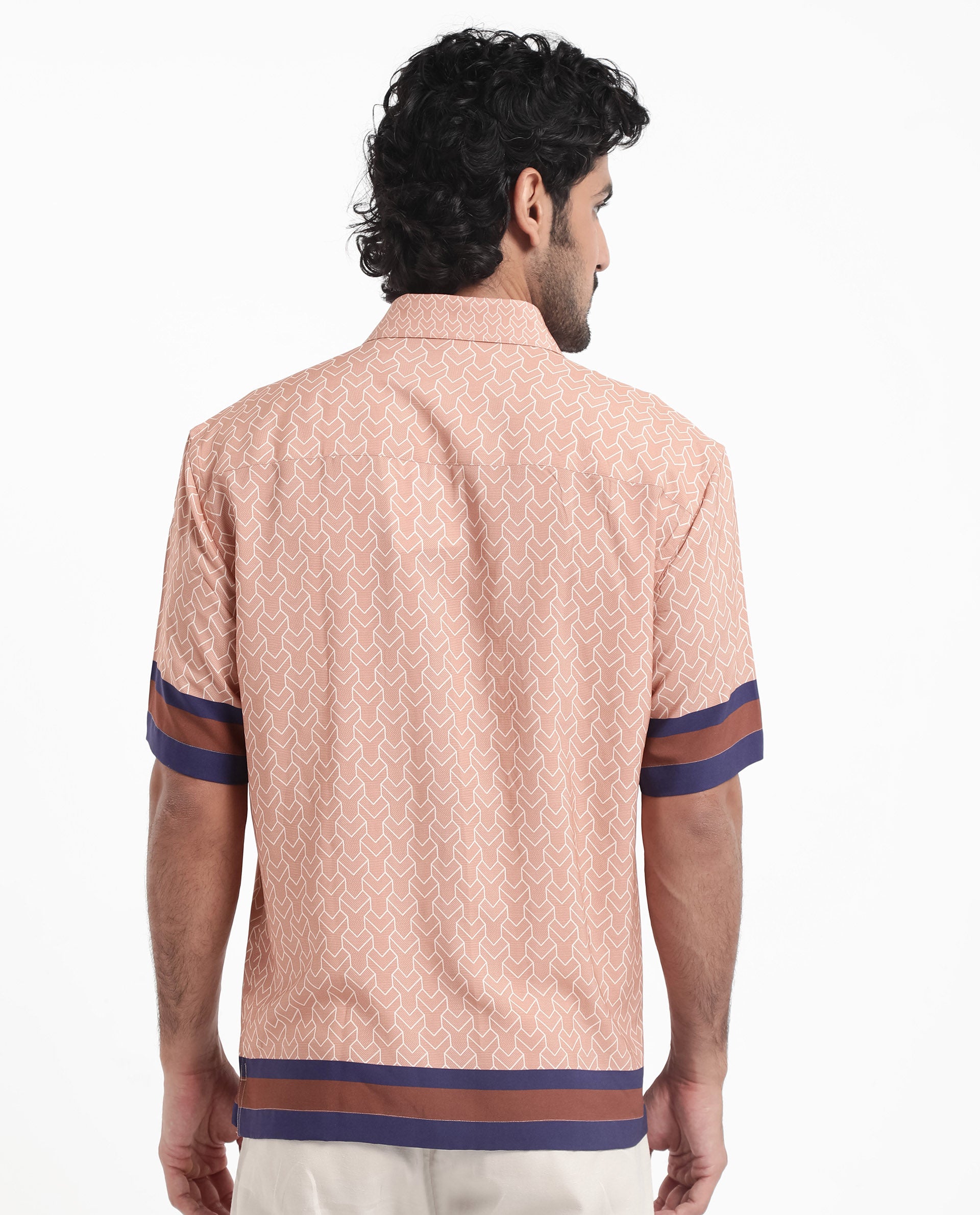 Rare Rabbit Men's Hane Beige Viscose Fabric Short Sleeve Boxy Fit Monogram Print Shirt