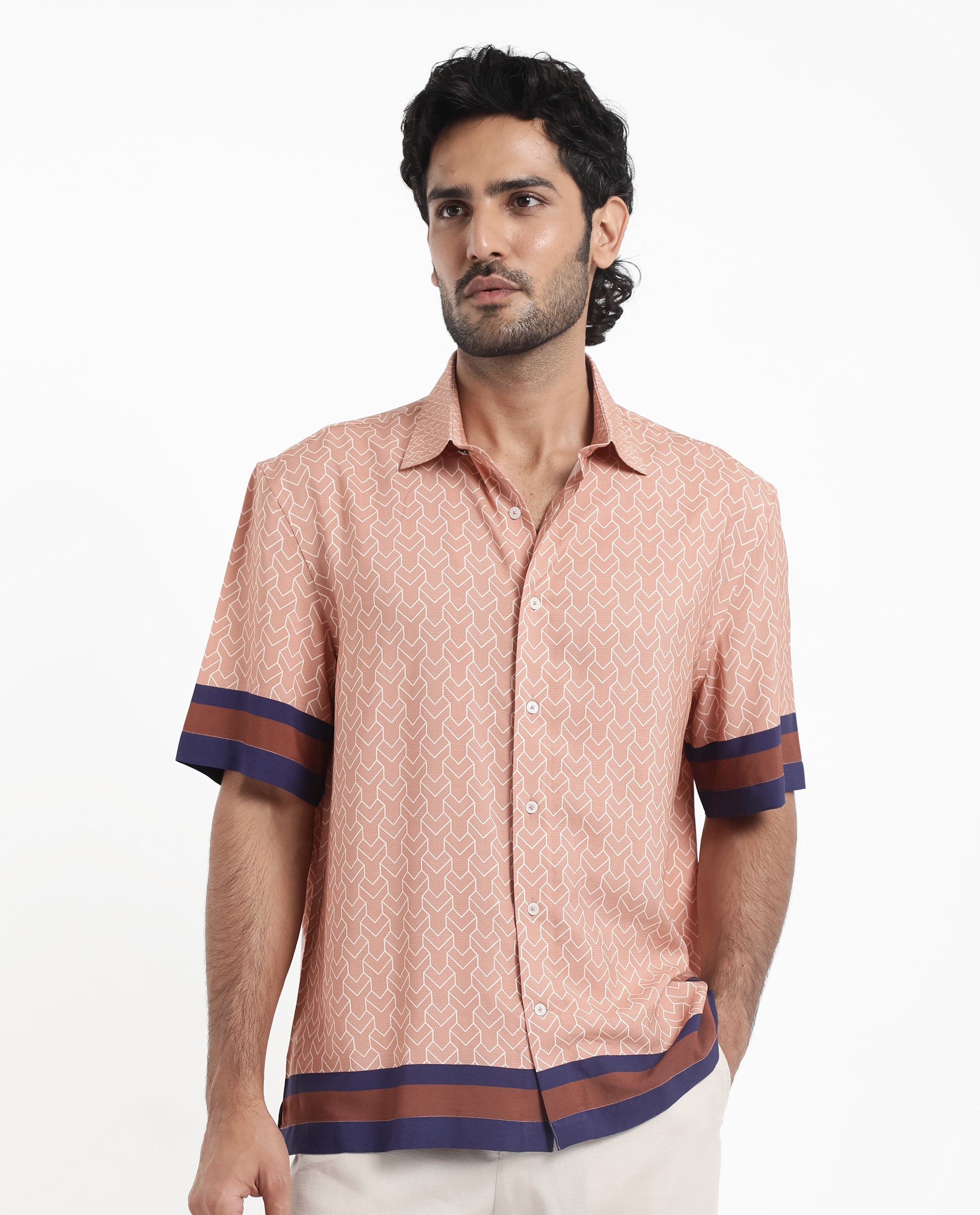 Rare Rabbit Men's Hane Beige Viscose Fabric Short Sleeve Boxy Fit Monogram Print Shirt