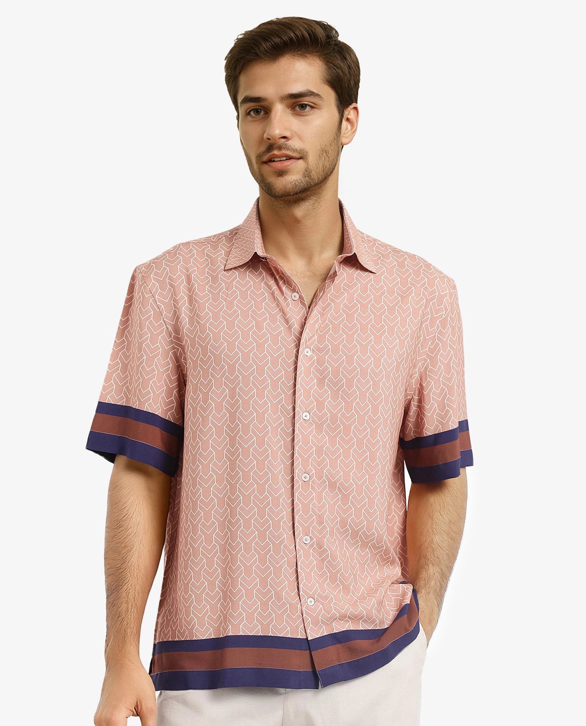 Rare Rabbit Men's Hane Beige Viscose Fabric Short Sleeve Boxy Fit Monogram Print Shirt