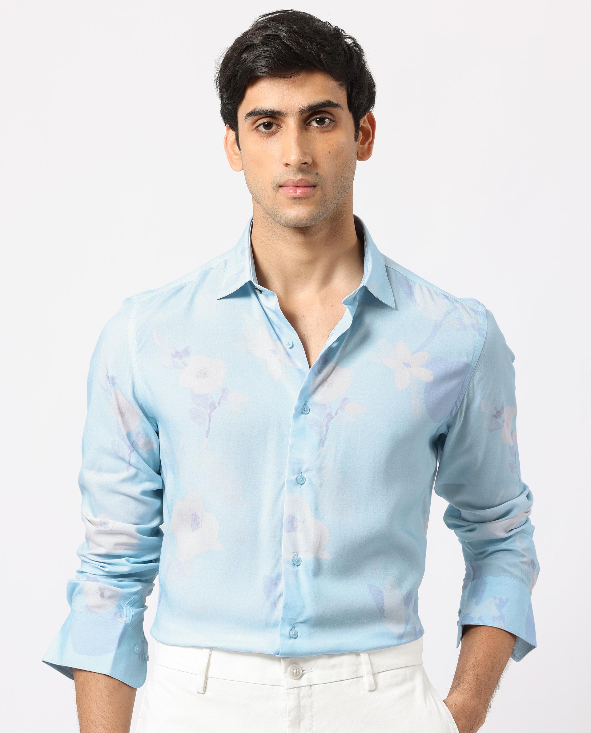 Rare Rabbit Men's Hanmer Light Petrol Viscose Fabric Floral Print Full Sleeves Shirt