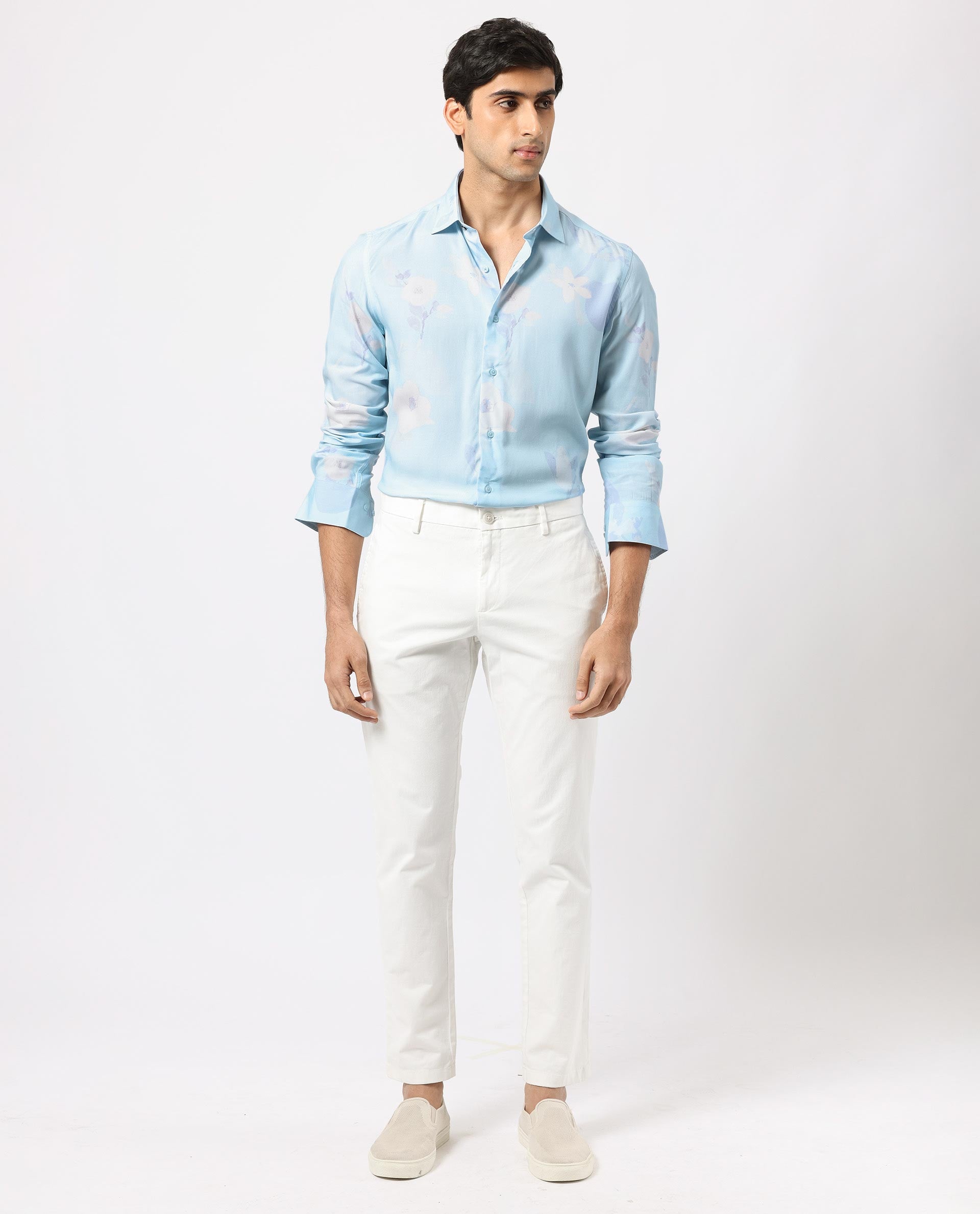 Rare Rabbit Men's Hanmer Light Petrol Viscose Fabric Floral Print Full Sleeves Shirt