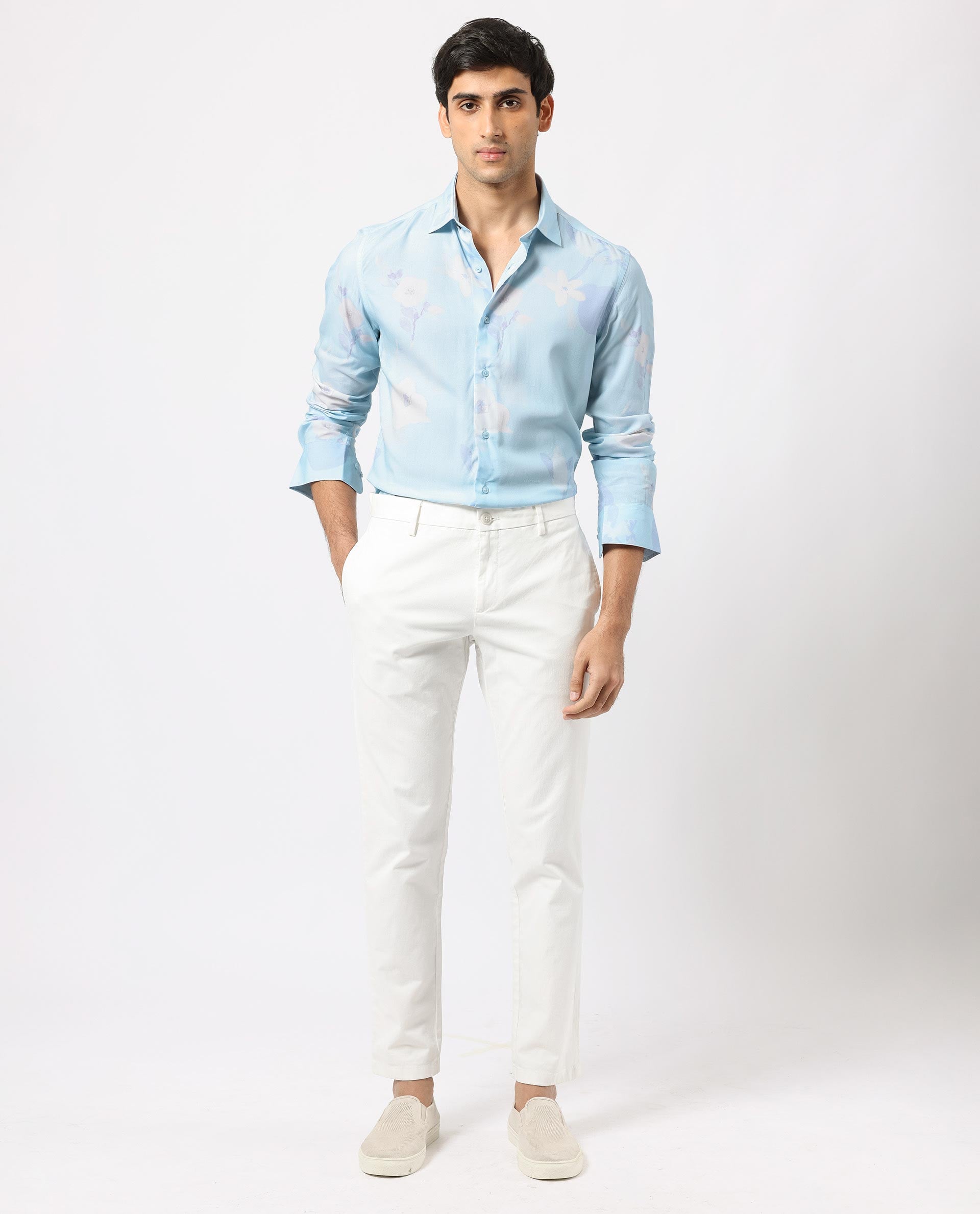 Rare Rabbit Men's Hanmer Light Petrol Viscose Fabric Floral Print Full Sleeves Shirt