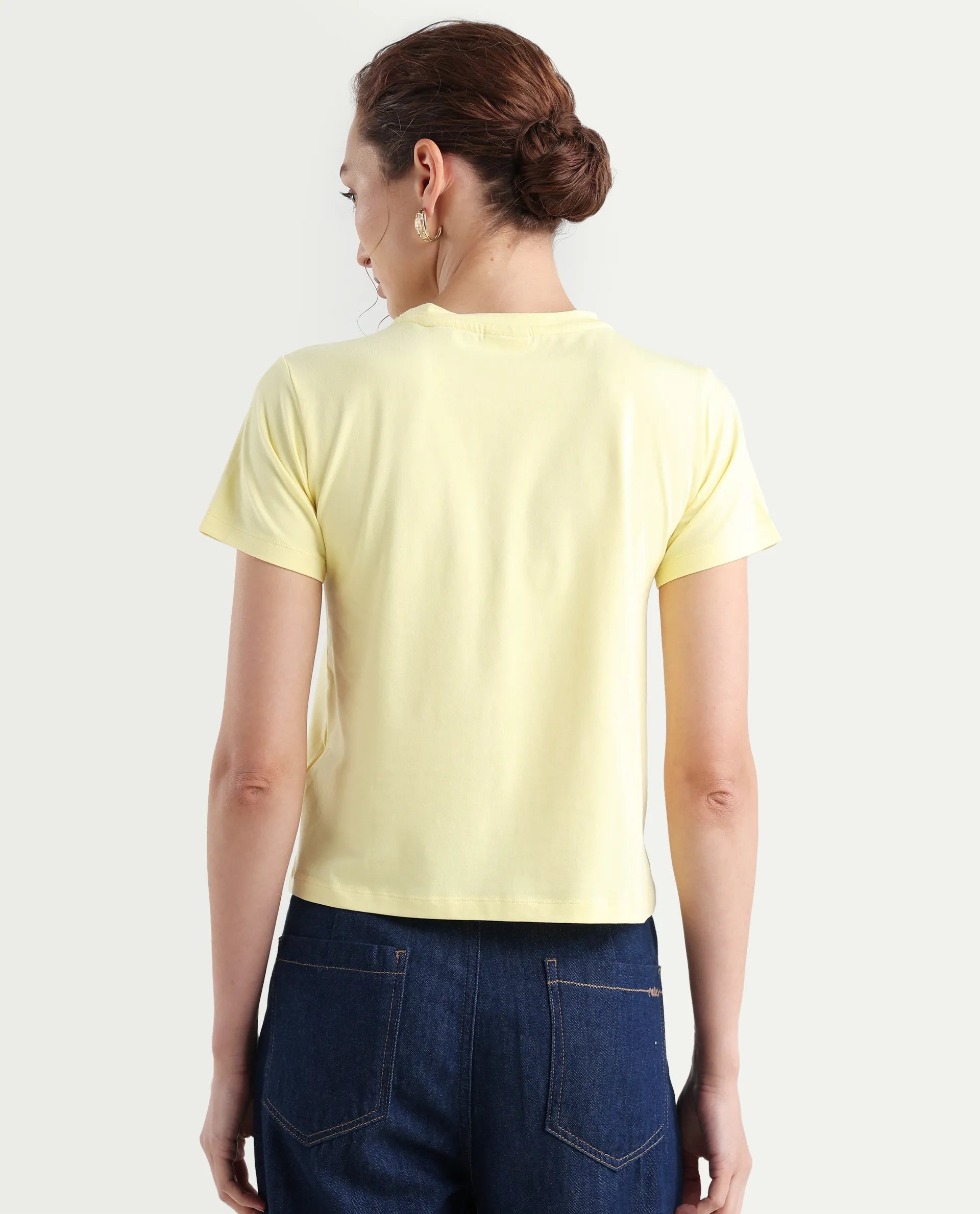 Rareism Women's Hanna 1 Yellow Cotton Blend Crew Neck Plain Regular Fit T-Shirt
