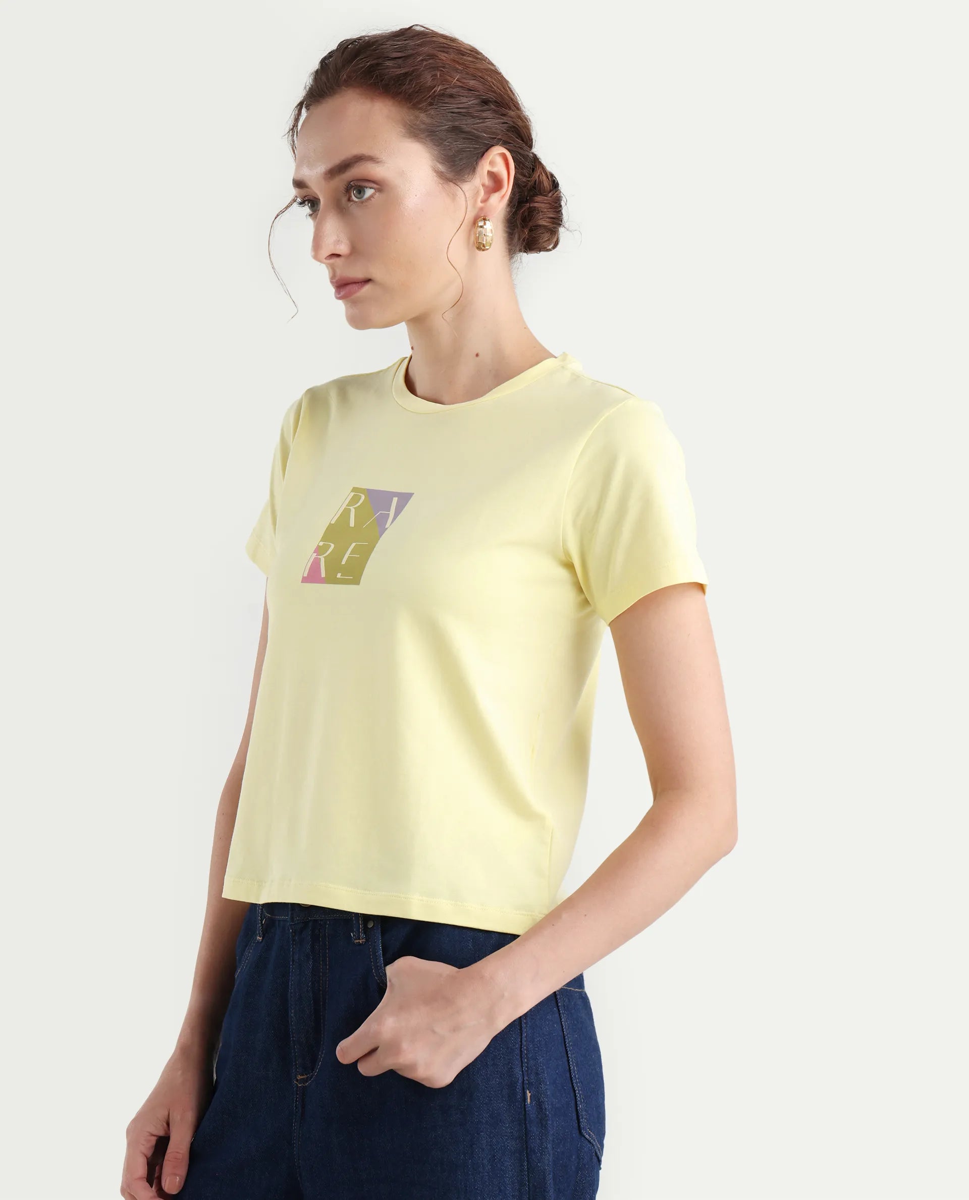 Rareism Women's Hanna 1 Yellow Cotton Blend Crew Neck Plain Regular Fit T-Shirt