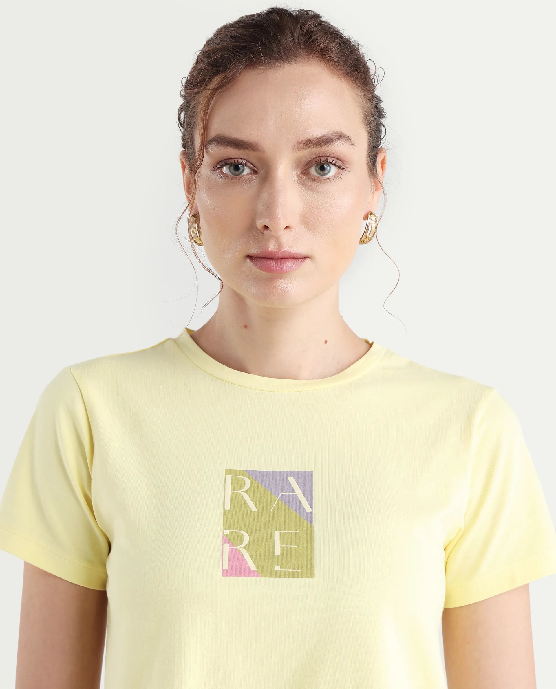 Rareism Women's Hanna 1 Yellow Cotton Blend Crew Neck Plain Regular Fit T-Shirt