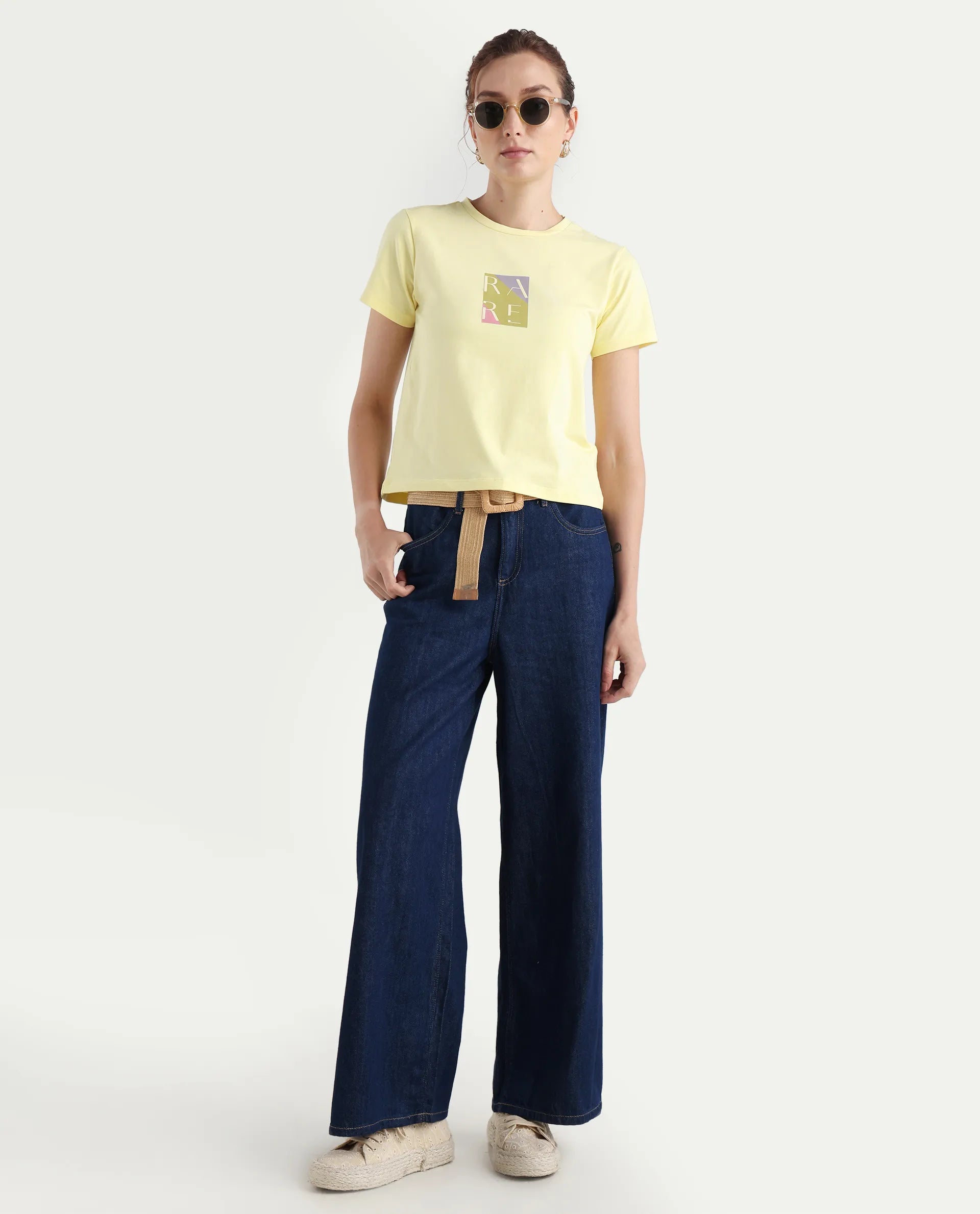 Rareism Women's Hanna 1 Yellow Cotton Blend Crew Neck Plain Regular Fit T-Shirt