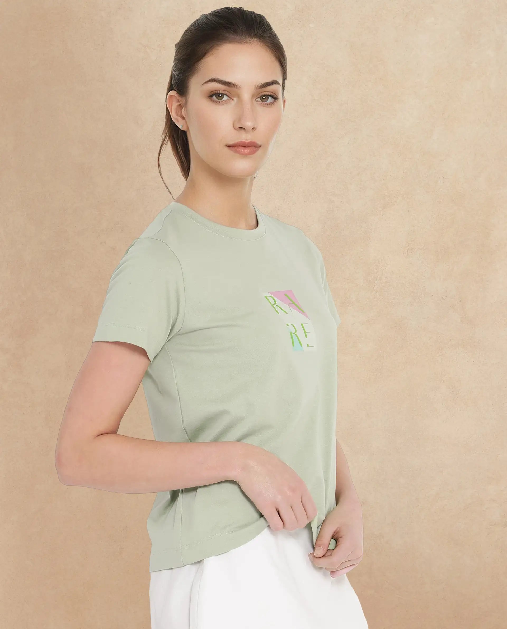 Rareism Women's Hanna Pastel Green Cotton Blend Crew Neck Graphic Print Regular Fit T-Shirt
