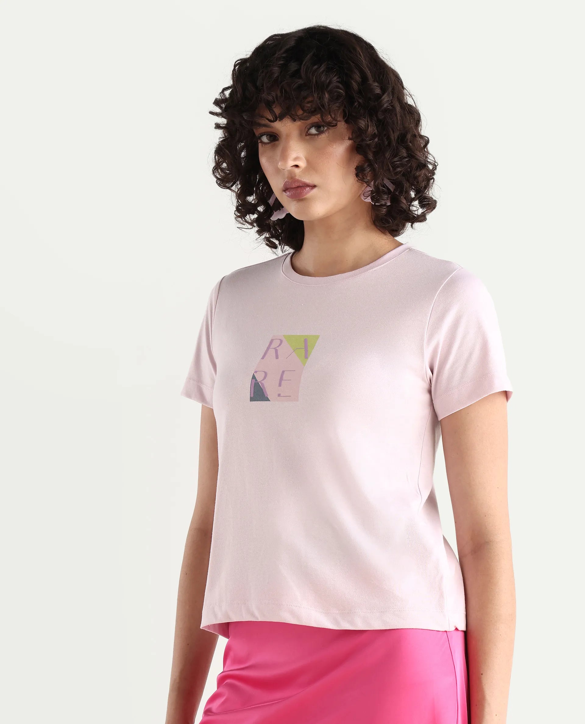 Rareism Women's Hanna Pastel Pink Cotton Blend Crew Neck Graphic Print Regular Fit T-Shirt