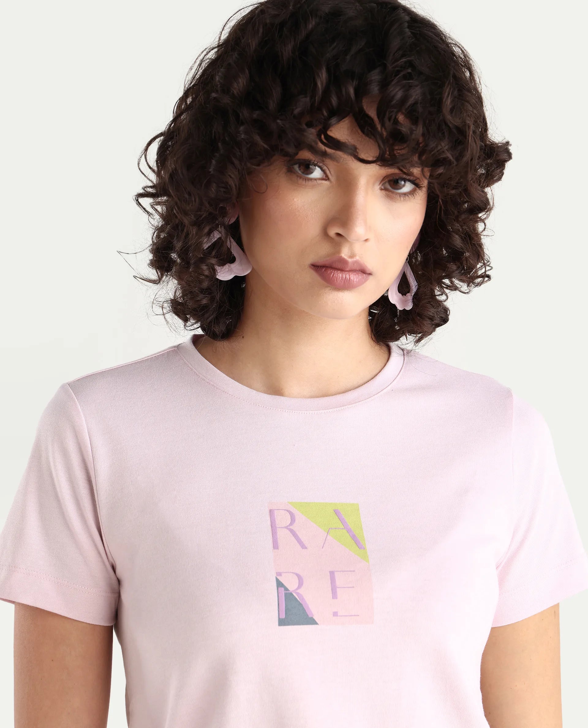 Rareism Women's Hanna Pastel Pink Cotton Blend Crew Neck Graphic Print Regular Fit T-Shirt