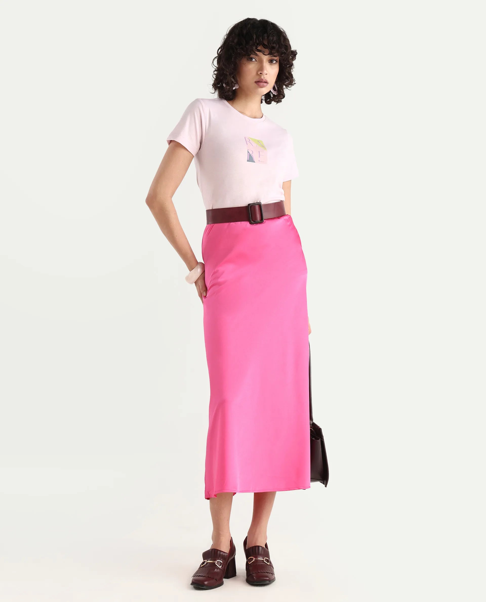 Rareism Women's Hanna Pastel Pink Cotton Blend Crew Neck Graphic Print Regular Fit T-Shirt