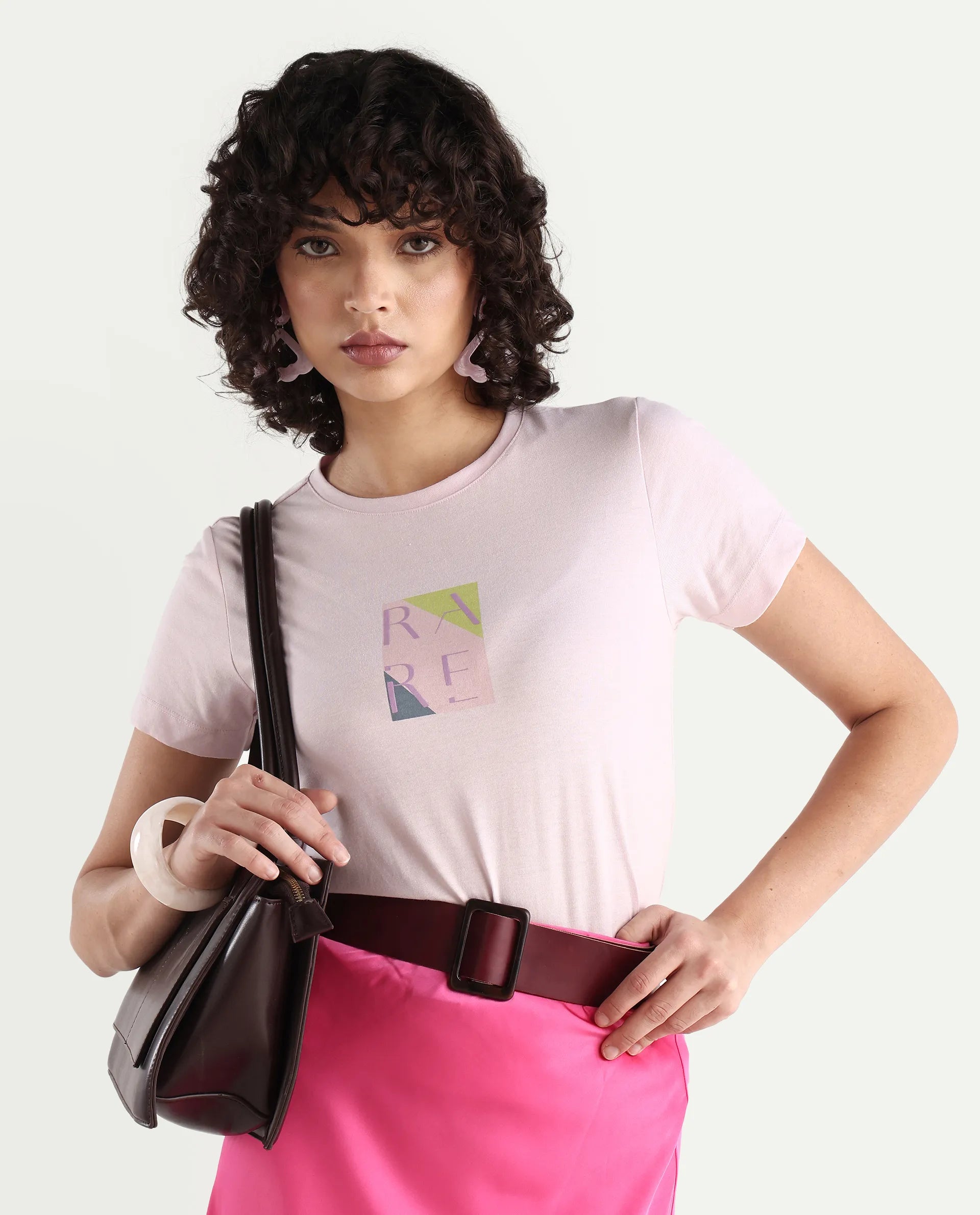 Rareism Women's Hanna Pastel Pink Cotton Blend Crew Neck Graphic Print Regular Fit T-Shirt