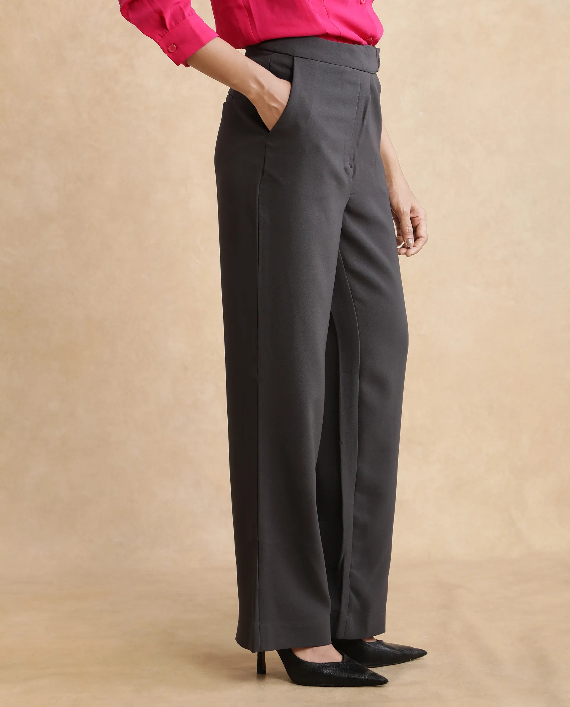 Rareism Women's Hanne Grey Cotton Blend Plain Ankle Length Straight Fit Trouser