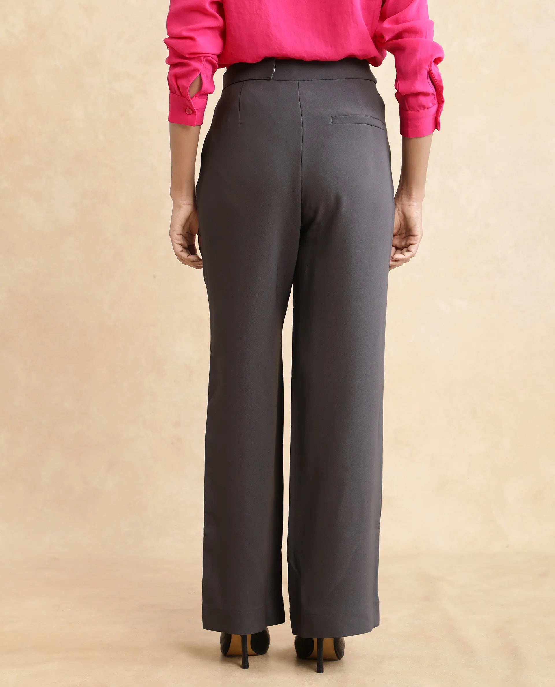 Rareism Women's Hanne Grey Cotton Blend Plain Ankle Length Straight Fit Trouser