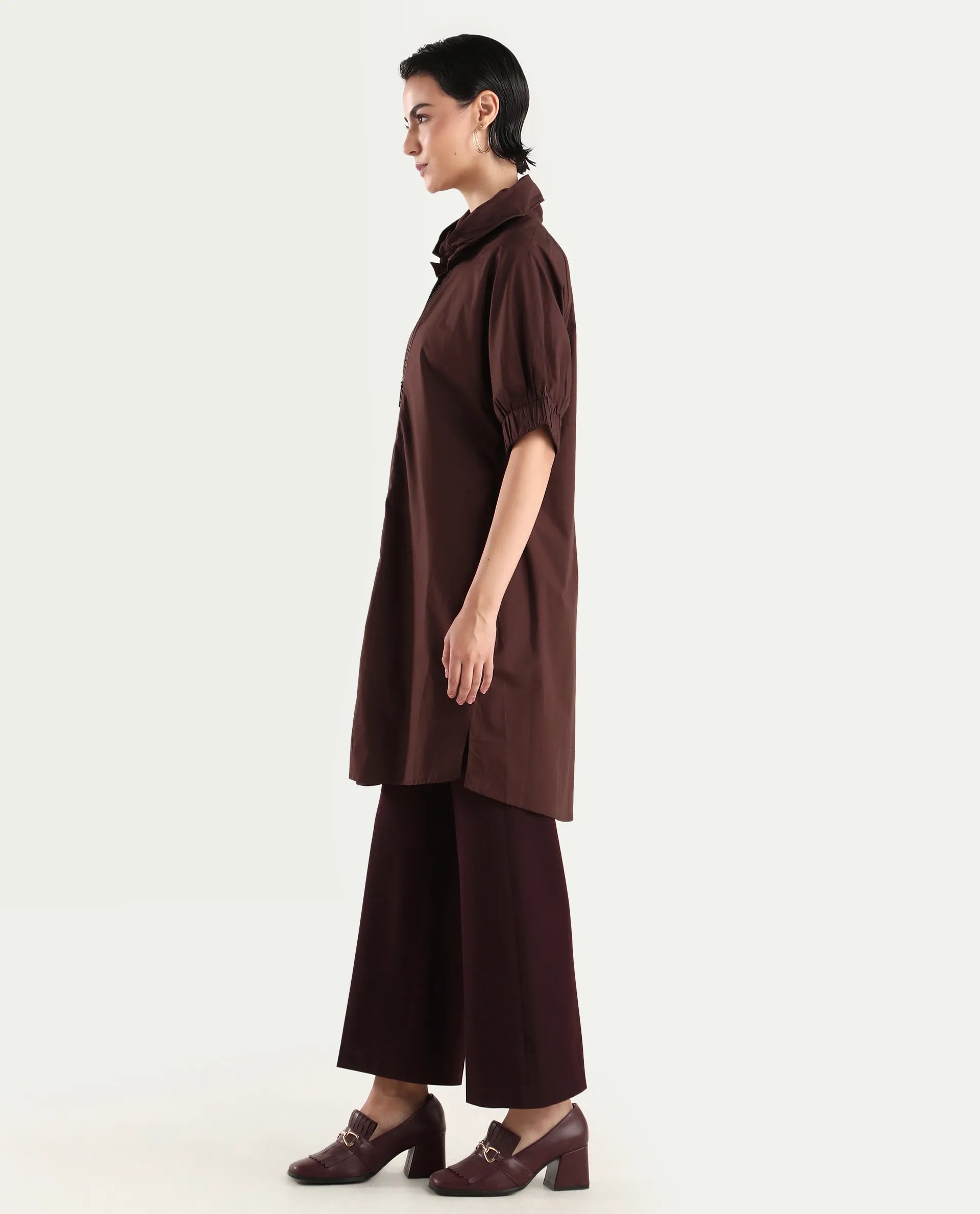 Rareism Women's Hanoi Dark Brown Cotton Hooded Plain Raglan Sleeve Knee Length Boxy Fit Jacket