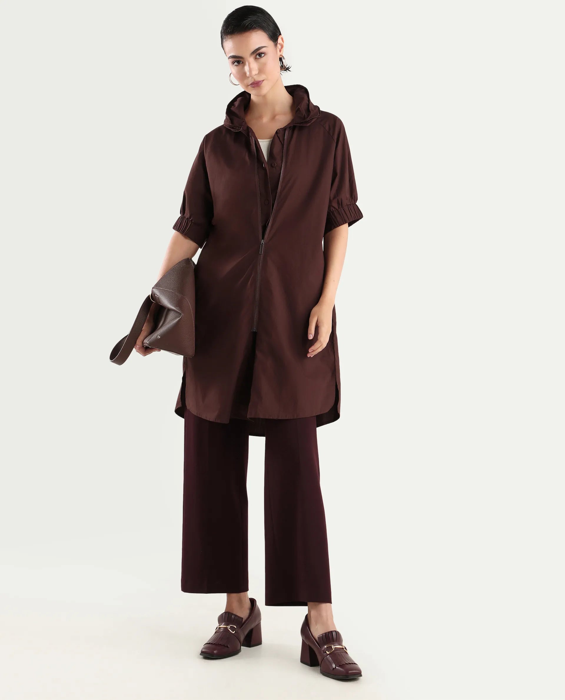 Rareism Women's Hanoi Dark Brown Cotton Hooded Plain Raglan Sleeve Knee Length Boxy Fit Jacket