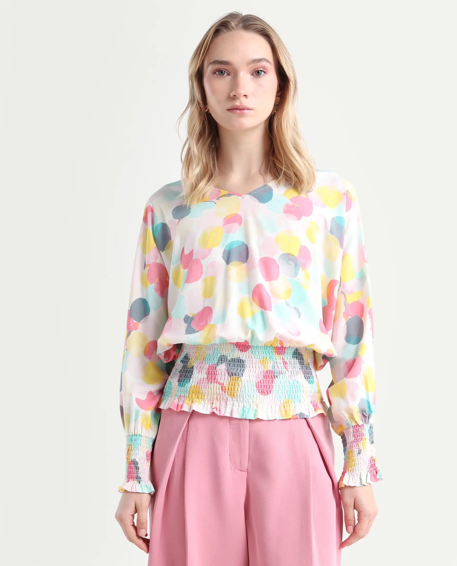 Rareism Women's Hanson Pink V-Neck Printed Knee Length Tailored Top
