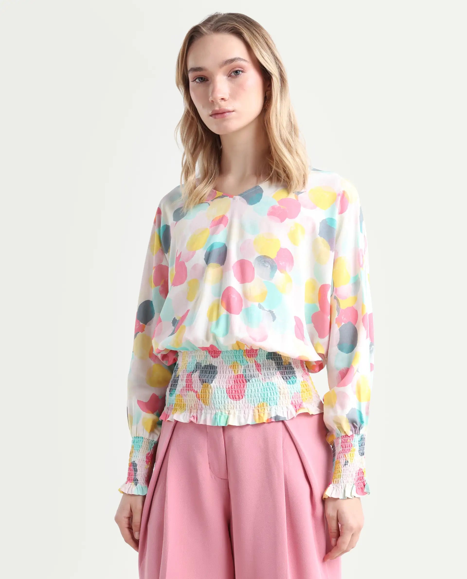 Rareism Women's Hanson Pink V-Neck Printed Knee Length Tailored Top