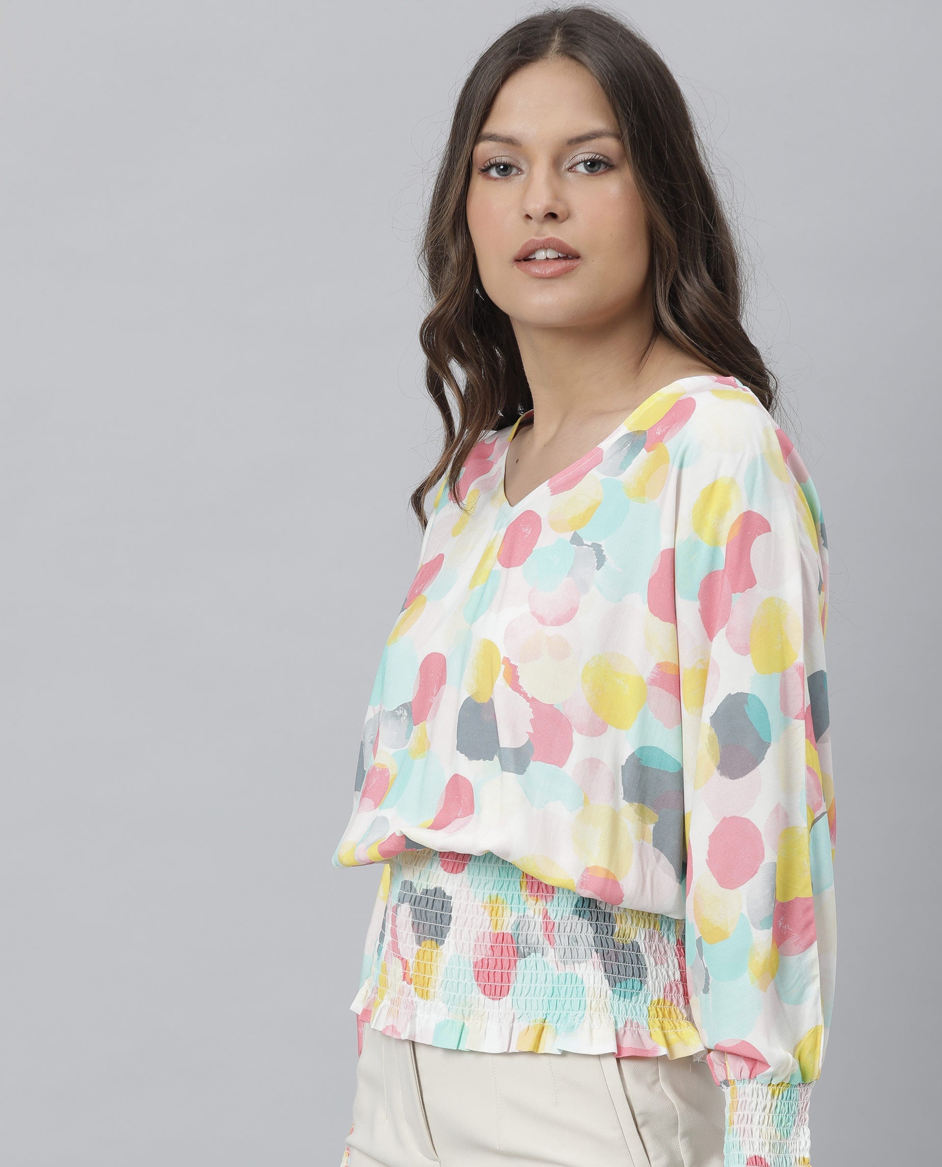 Rareism Womens Hanson Pink Top Viscose Fabric Regular Fit Full Sleeve V Neck