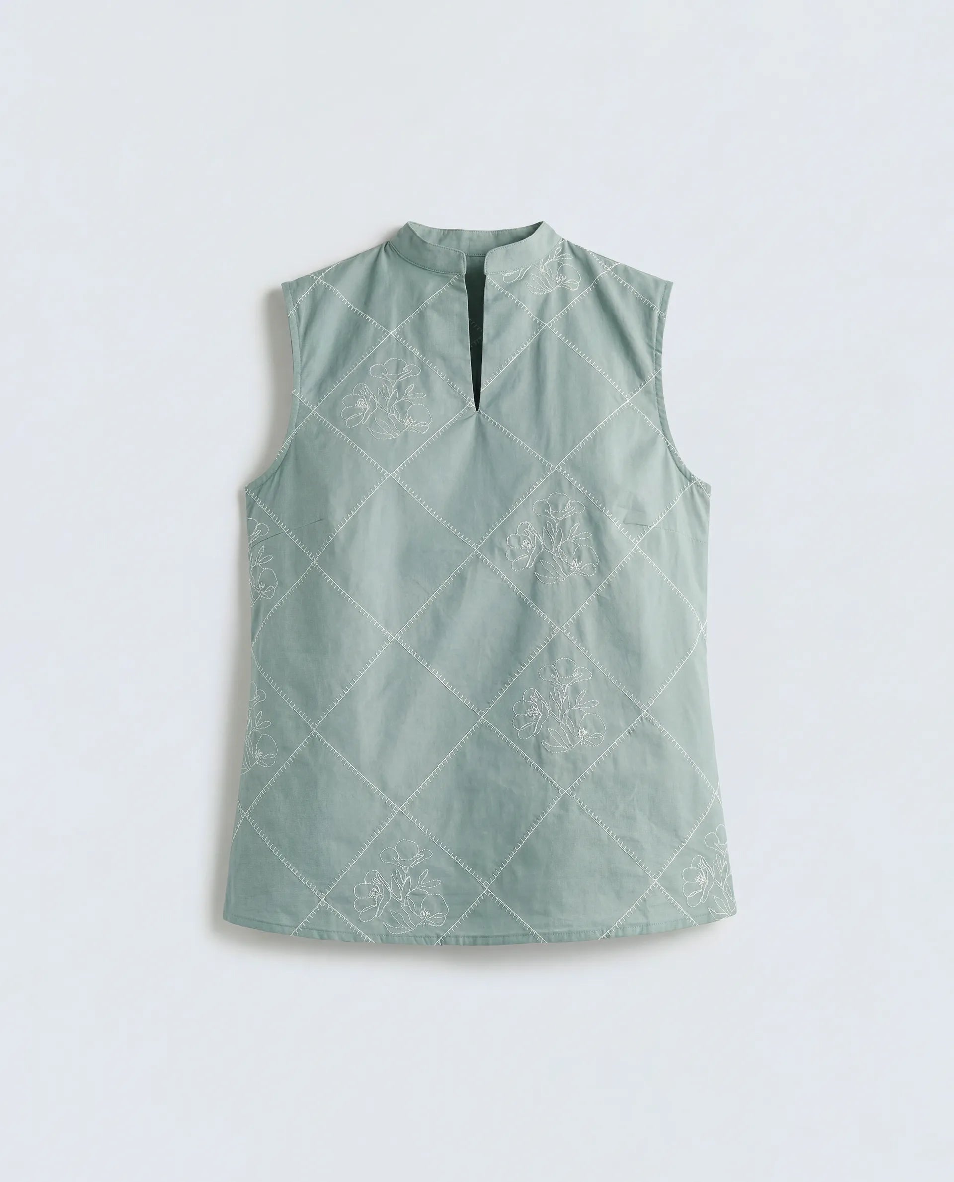 Rareism Women's Hax Dusky Green Cotton Sleeveless Band Collar Pull-On Regular Plain Top
