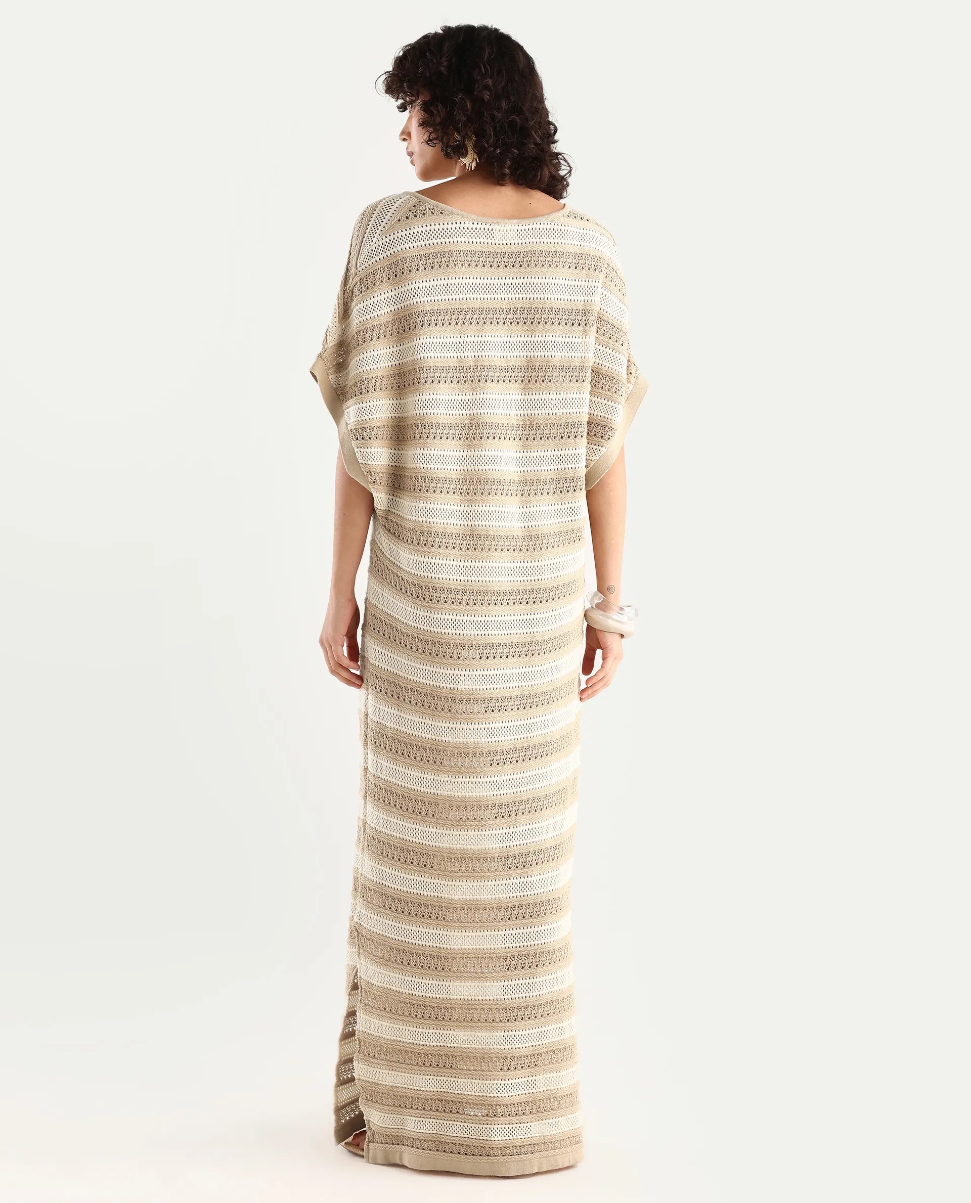 Rareism Women's Haraya Beige Cotton V-Neck Striped Extended Sleeves Maxi Relaxed Fit Dress