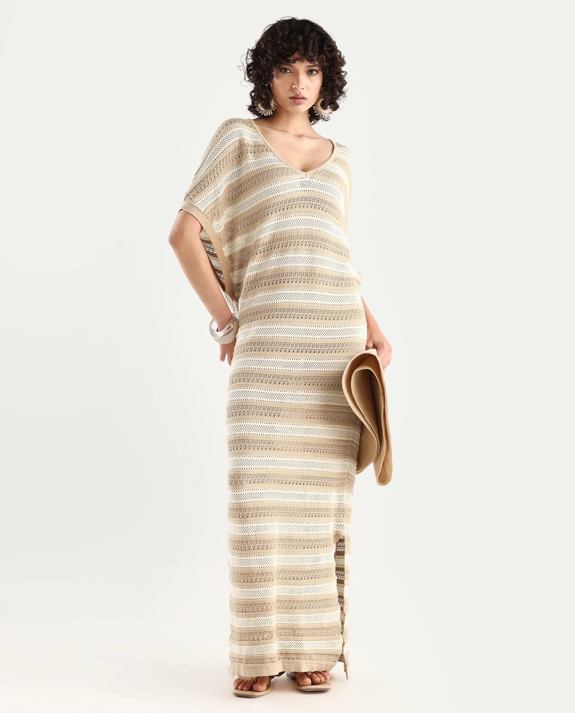 Rareism Women's Haraya Beige Cotton V-Neck Striped Extended Sleeves Maxi Relaxed Fit Dress