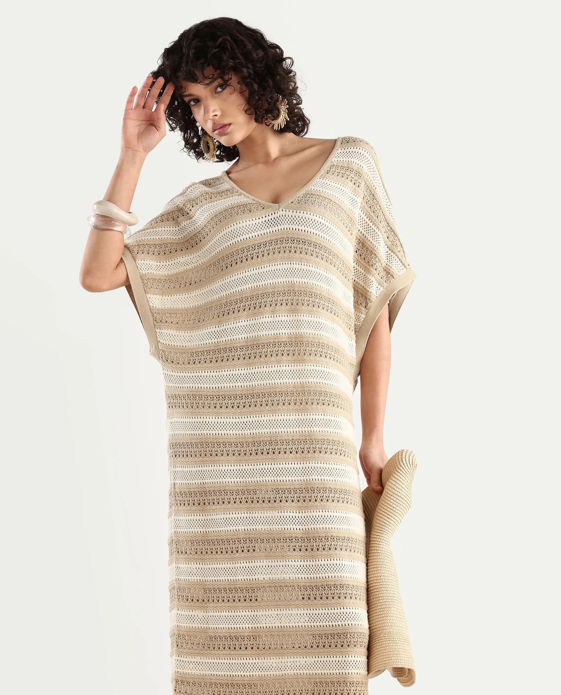 Rareism Women's Haraya Beige Cotton V-Neck Striped Extended Sleeves Maxi Relaxed Fit Dress