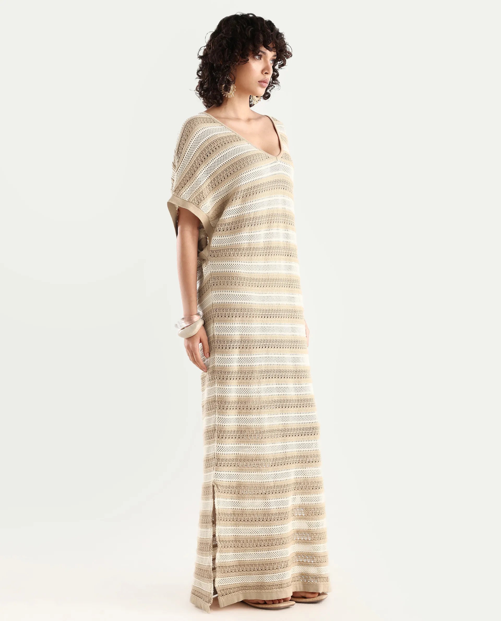 Rareism Women's Haraya Beige Cotton V-Neck Striped Extended Sleeves Maxi Relaxed Fit Dress