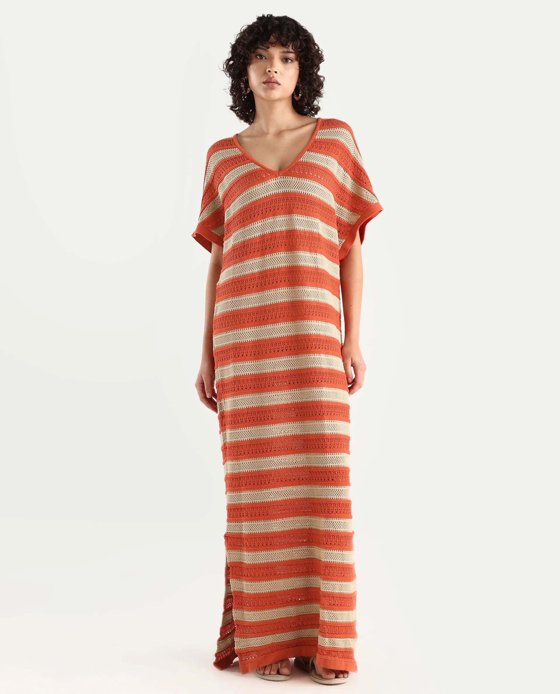 Rareism Women's Haraya Orange Cotton V-Neck Striped Extended Sleeves Maxi Relaxed Fit Dress