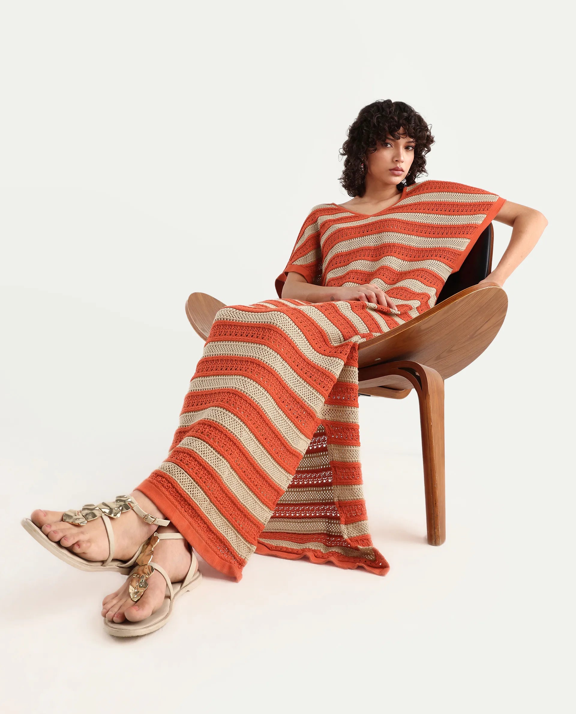 Rareism Women's Haraya Orange Cotton V-Neck Striped Extended Sleeves Maxi Relaxed Fit Dress