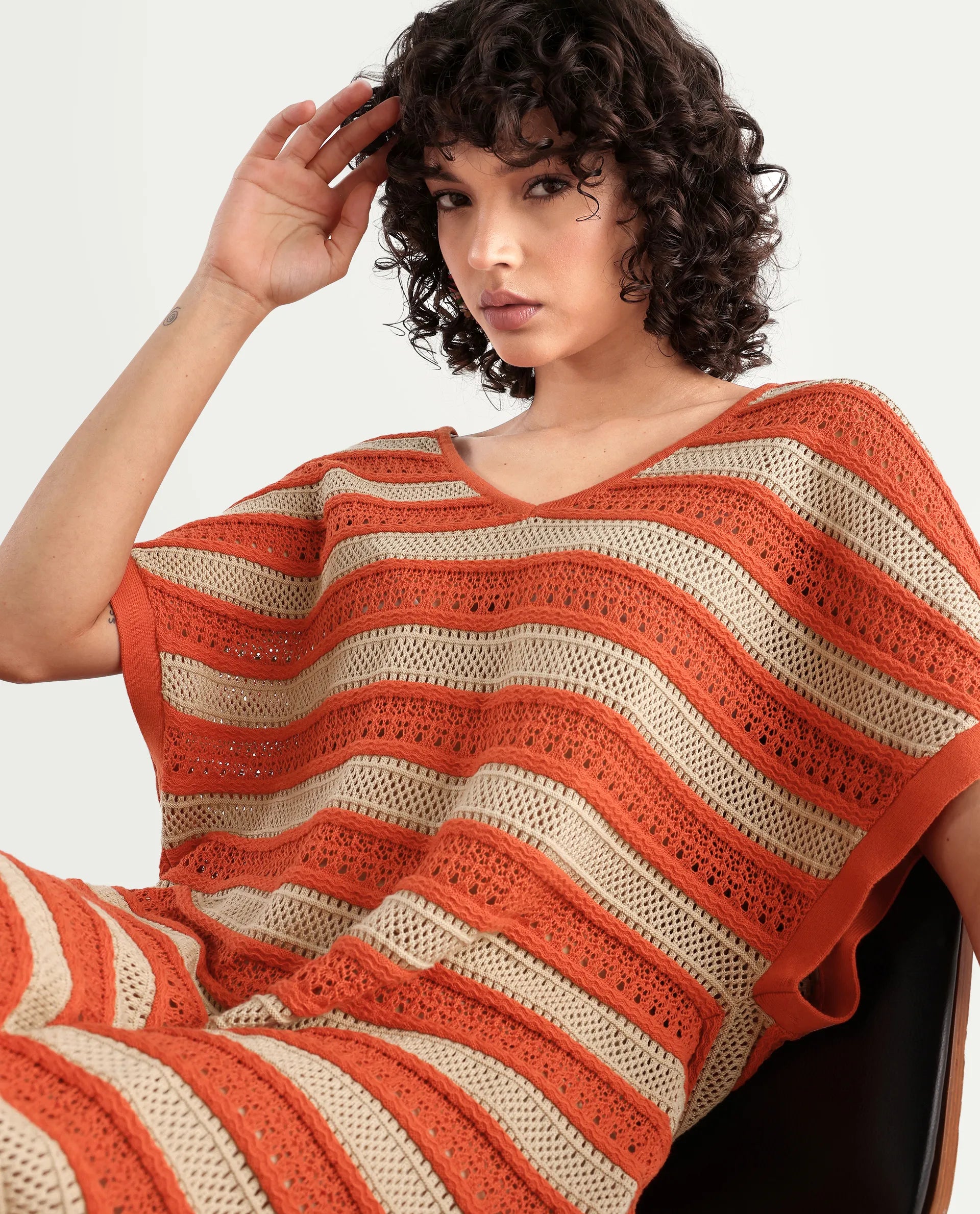 Rareism Women's Haraya Orange Cotton V-Neck Striped Extended Sleeves Maxi Relaxed Fit Dress