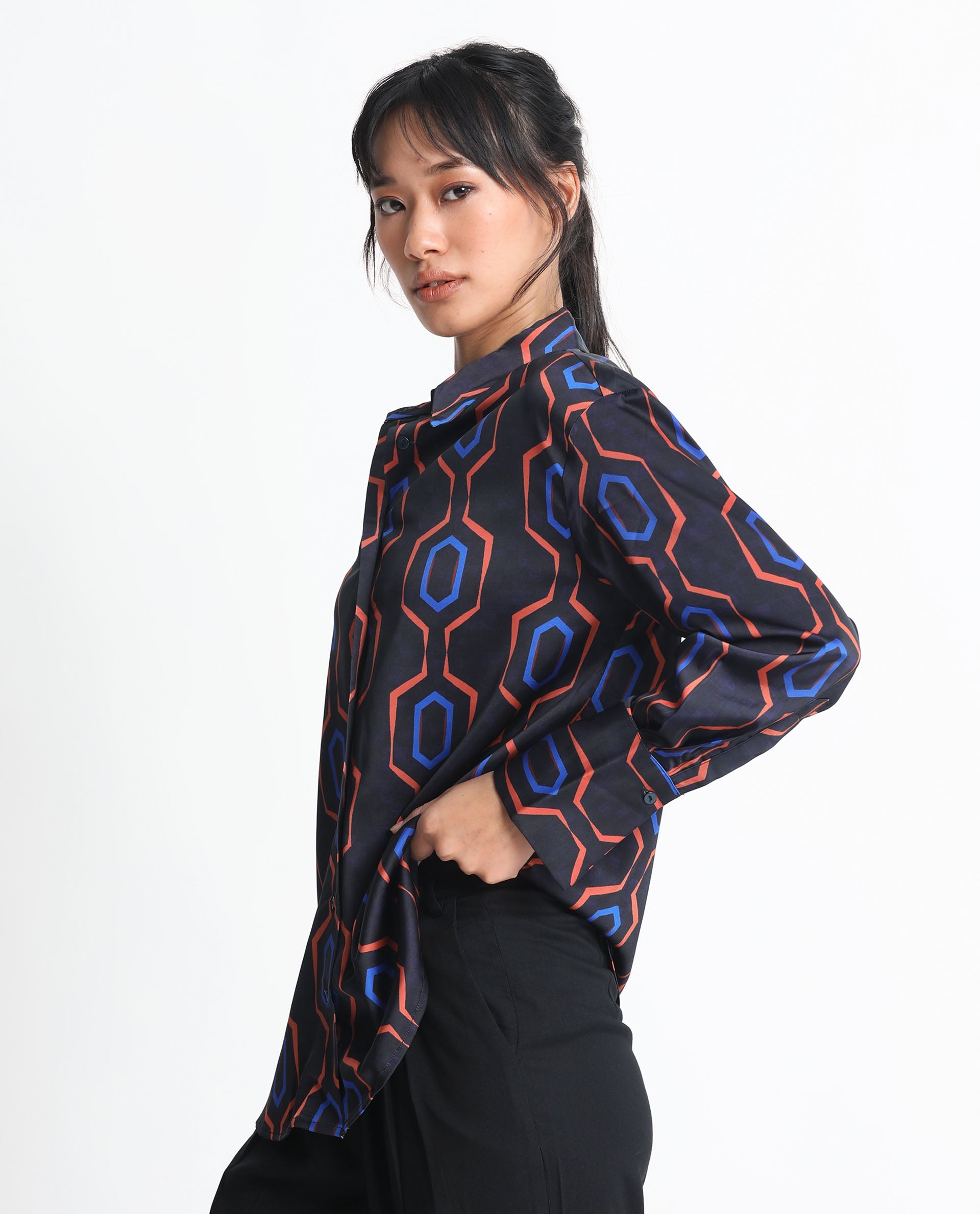 Rareism Women Harbe Black Polyester Fabric Full Sleeves Button Closure Shirt Collar Regular Fit Geometric Print Shirt