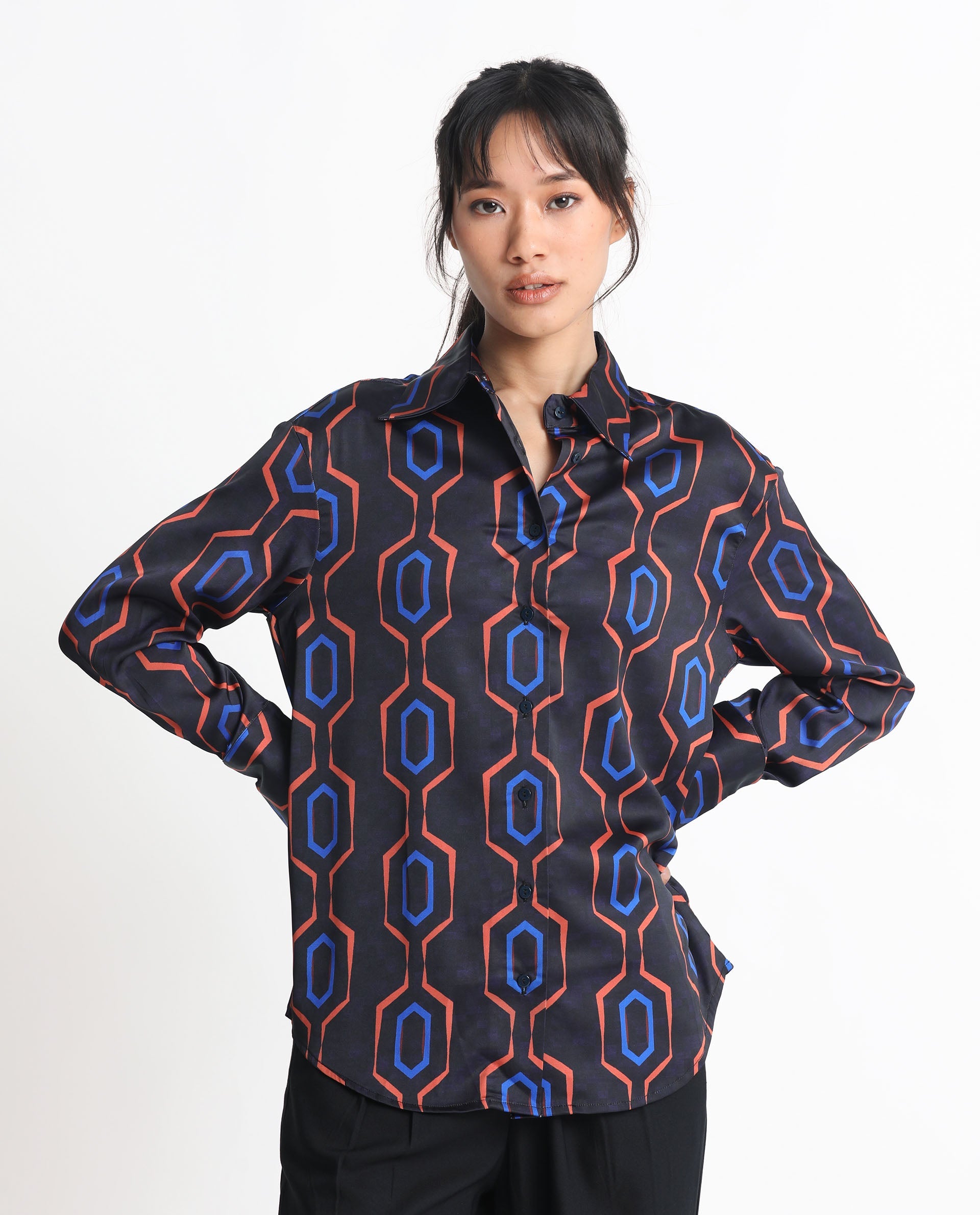 Rareism Women Harbe Black Polyester Fabric Full Sleeves Button Closure Shirt Collar Regular Fit Geometric Print Shirt