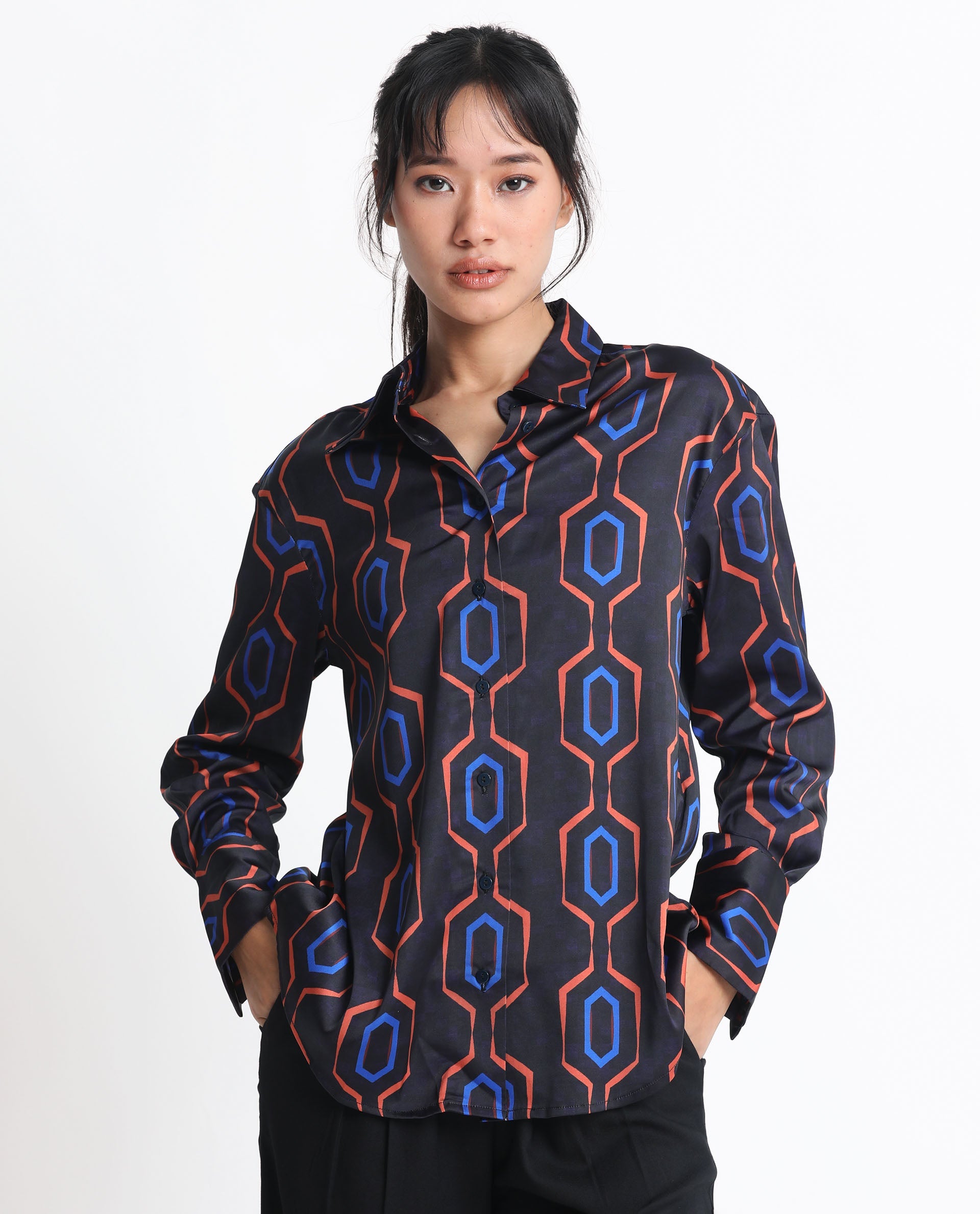 Rareism Women Harbe Black Polyester Fabric Full Sleeves Button Closure Shirt Collar Regular Fit Geometric Print Shirt