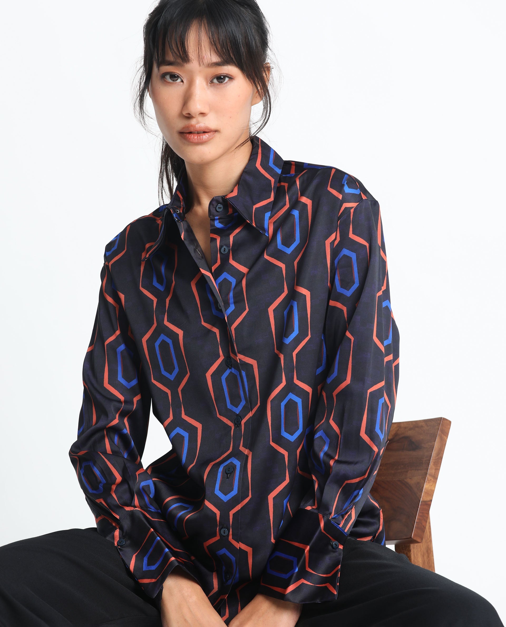 Rareism Women Harbe Black Polyester Fabric Full Sleeves Button Closure Shirt Collar Regular Fit Geometric Print Shirt