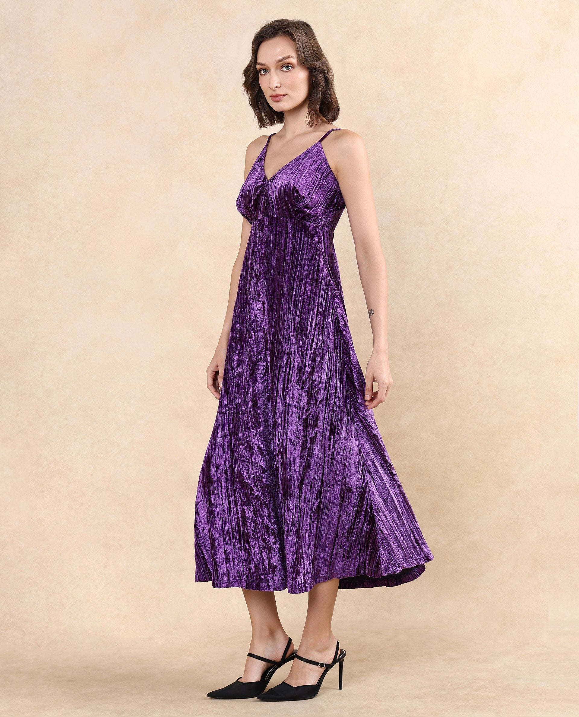 Rareism Women Harbo Purple Velvet Sleeveless Shoulder Straps Zipper Closure Fit And Flare Maxi Plain Dress