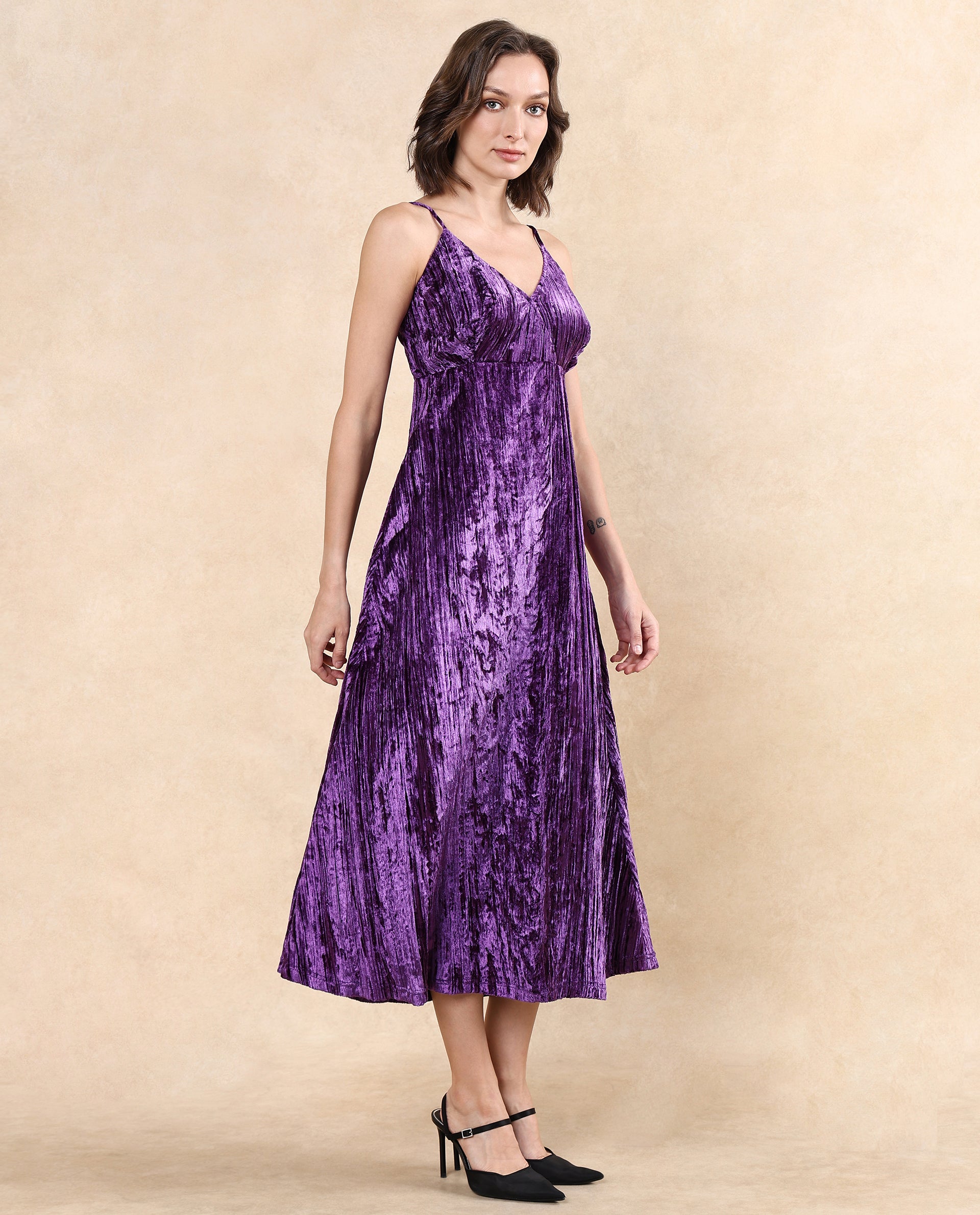 Rareism Women Harbo Purple Velvet Sleeveless Shoulder Straps Zipper Closure Fit And Flare Maxi Plain Dress